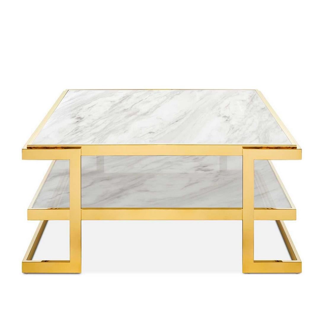 Table basse Liz blanche avec structure métallique en
finition dorée. Avec plateau en marbre blanc de haut en bas.
Egalement disponible avec un plateau en marbre noir à monter et descendre.