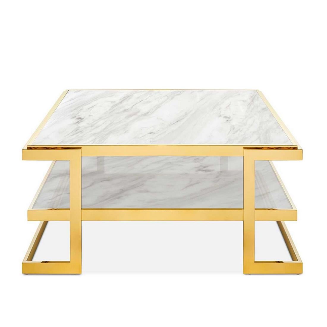 Coffee table Liz white with metal structure in
gold finish. With up and down white marble top.
Also available with up and down black marble top.