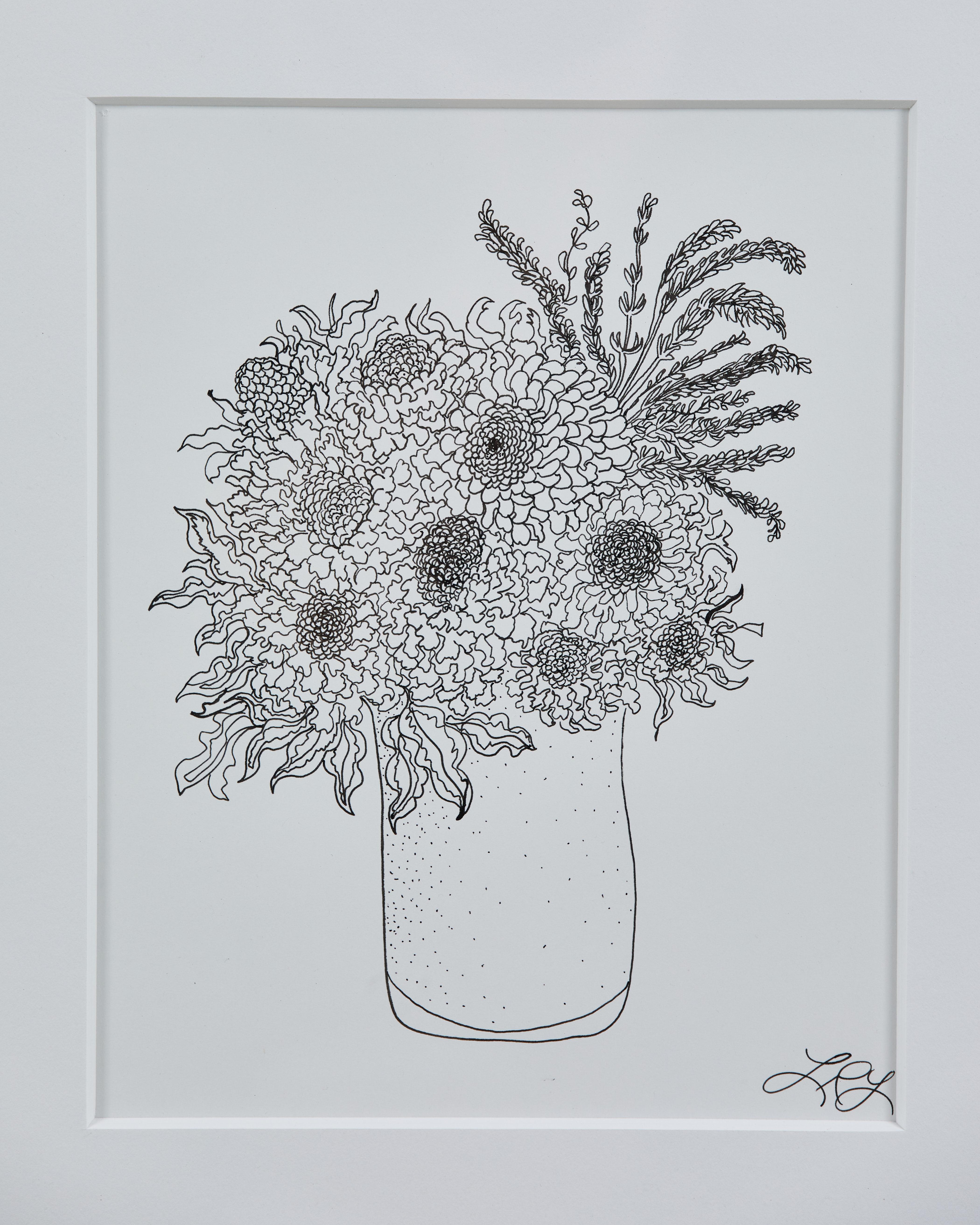 Liz Young, Still Life of Flowers in a Vase, Ink on Paper In New Condition In Los Angeles, CA