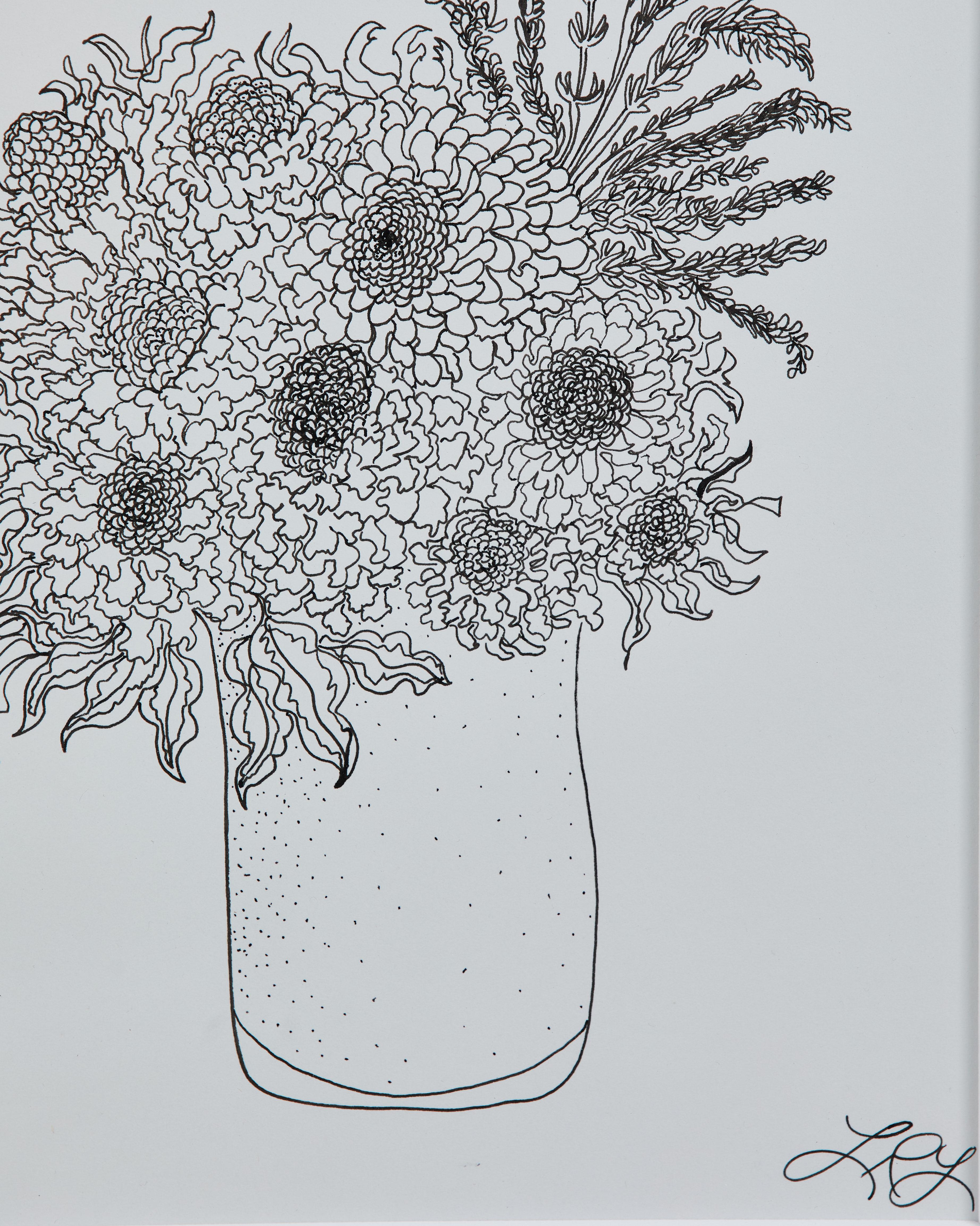 Liz Young, Still Life of Flowers in a Vase, Ink on Paper 1