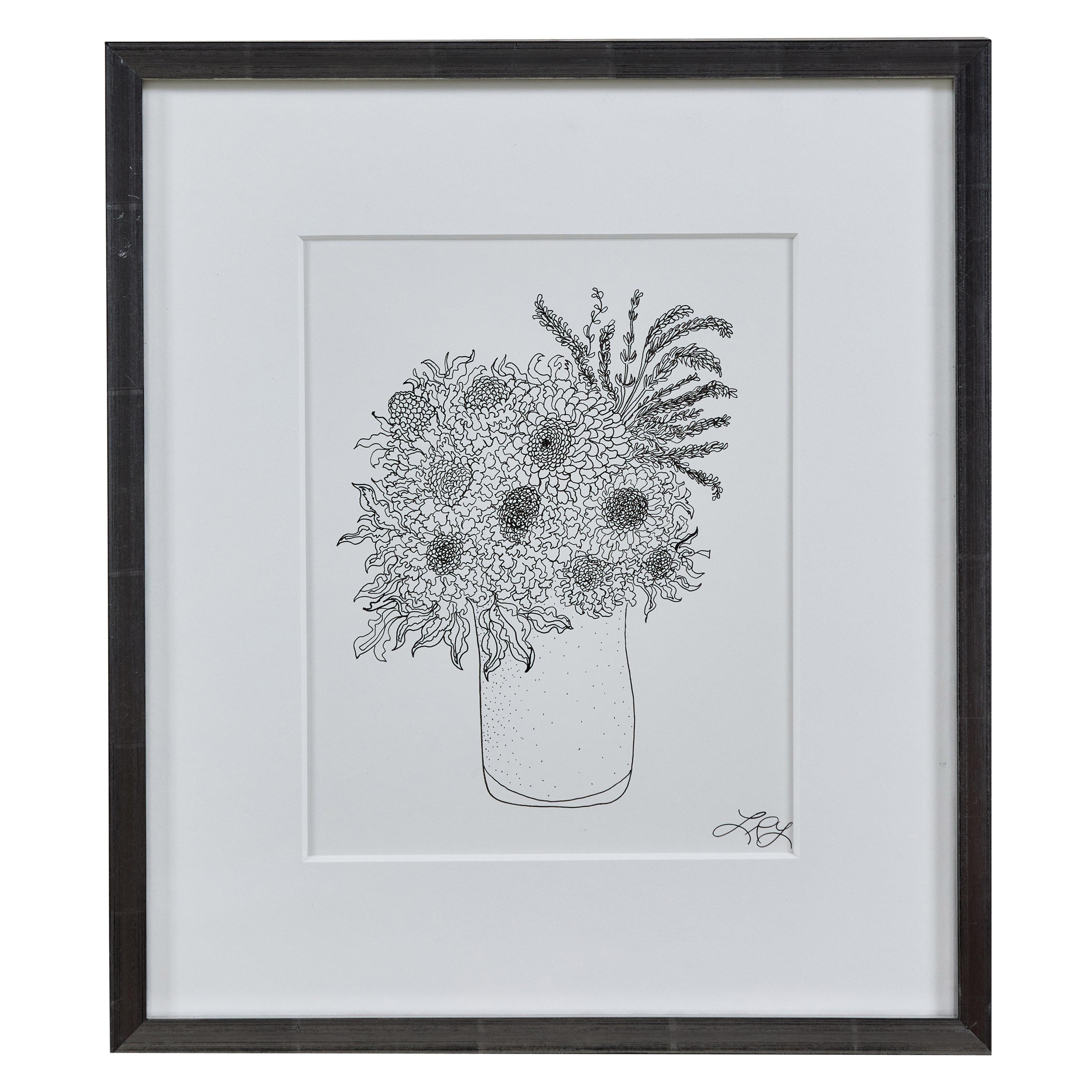 Liz Young, Still Life of Flowers in a Vase, Ink on Paper