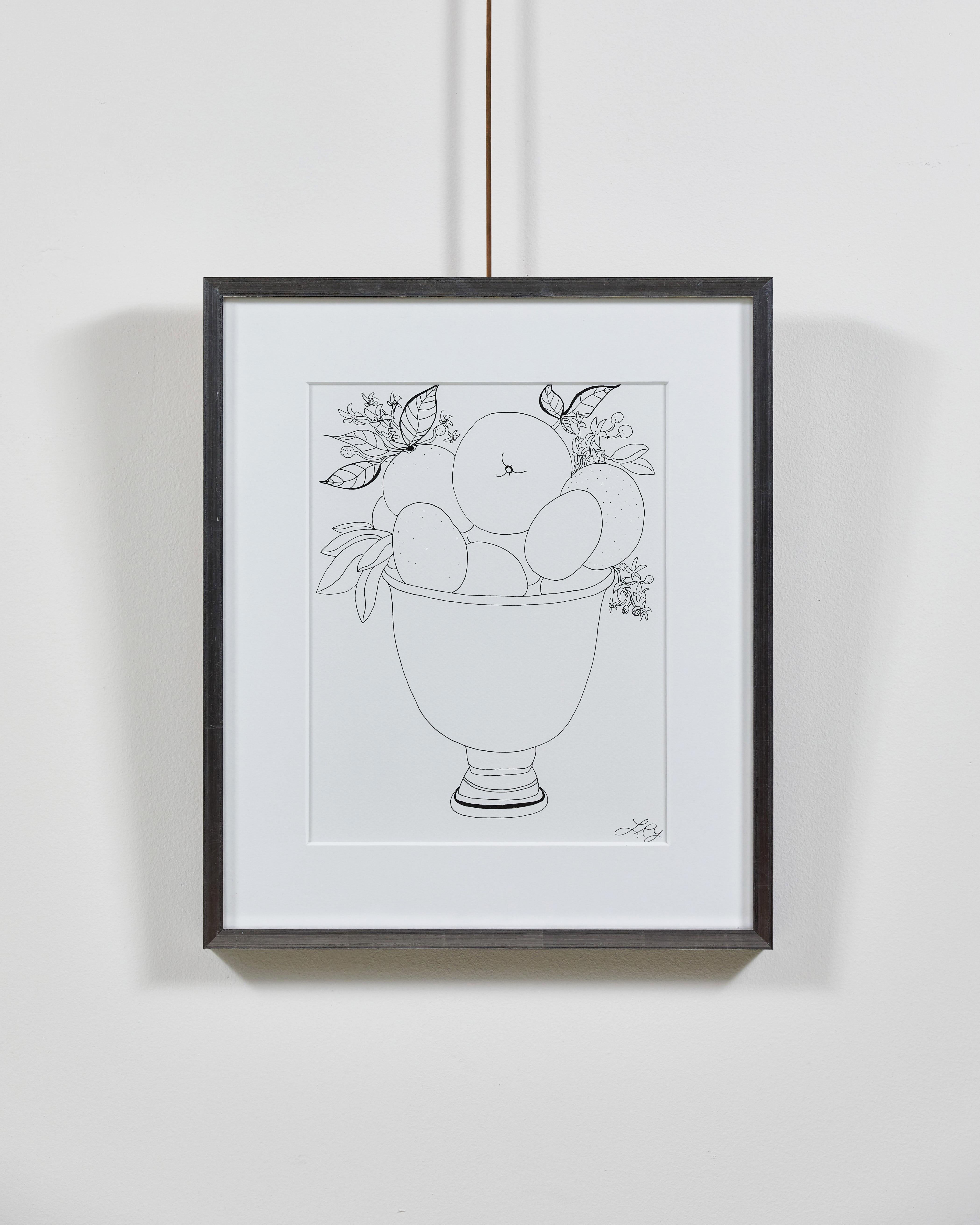 Liz Young, still life drawing of a bowl of fruit in a footed bowl, ink on paper

About the artist:
Liz Young is a botanical artist who lives in Los Angeles, California. Her ink on paper original drawings study flora, fruit, arrangements and