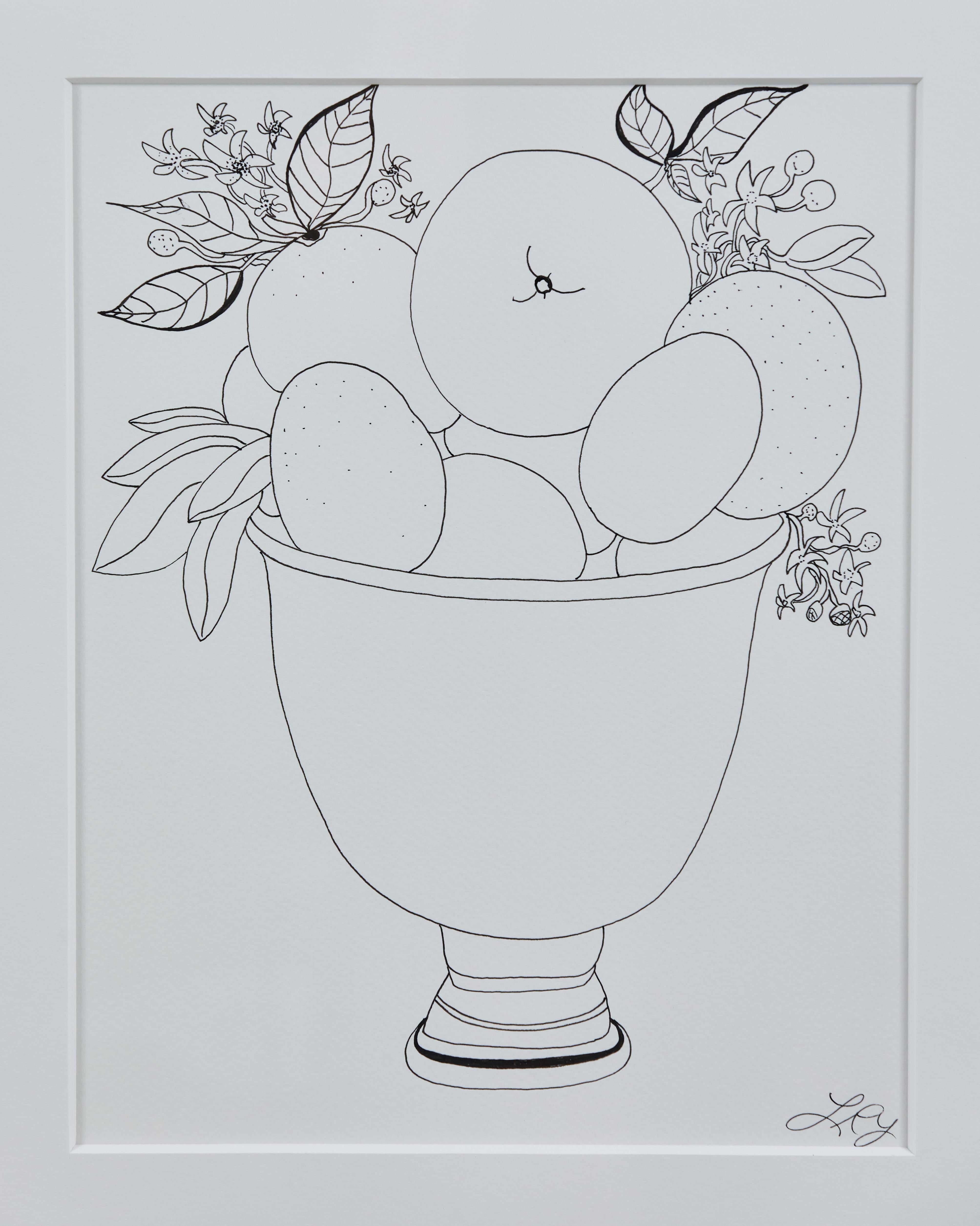Liz Young:: Obststillleben in einer Schale mit Füßen:: Tinte auf Papier im Zustand „Neu“ in Los Angeles, CA