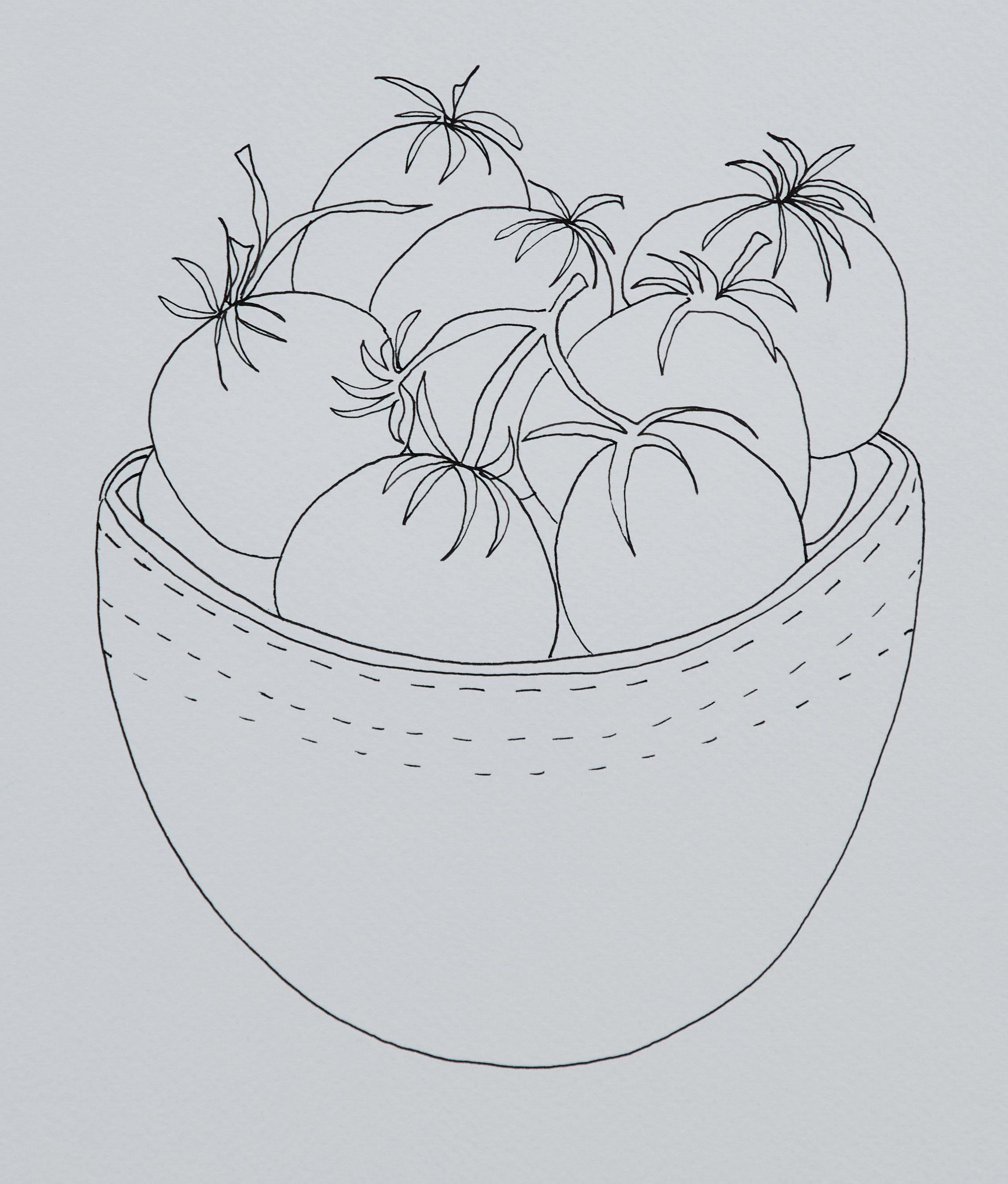 Liz Young, still life drawing of a bowl of citrus in a footed bowl, ink on paper

About the artist:
Liz Young is a botanical artist who lives in Los Angeles, California. Her ink on paper original drawings study flora, fruit, arrangements and