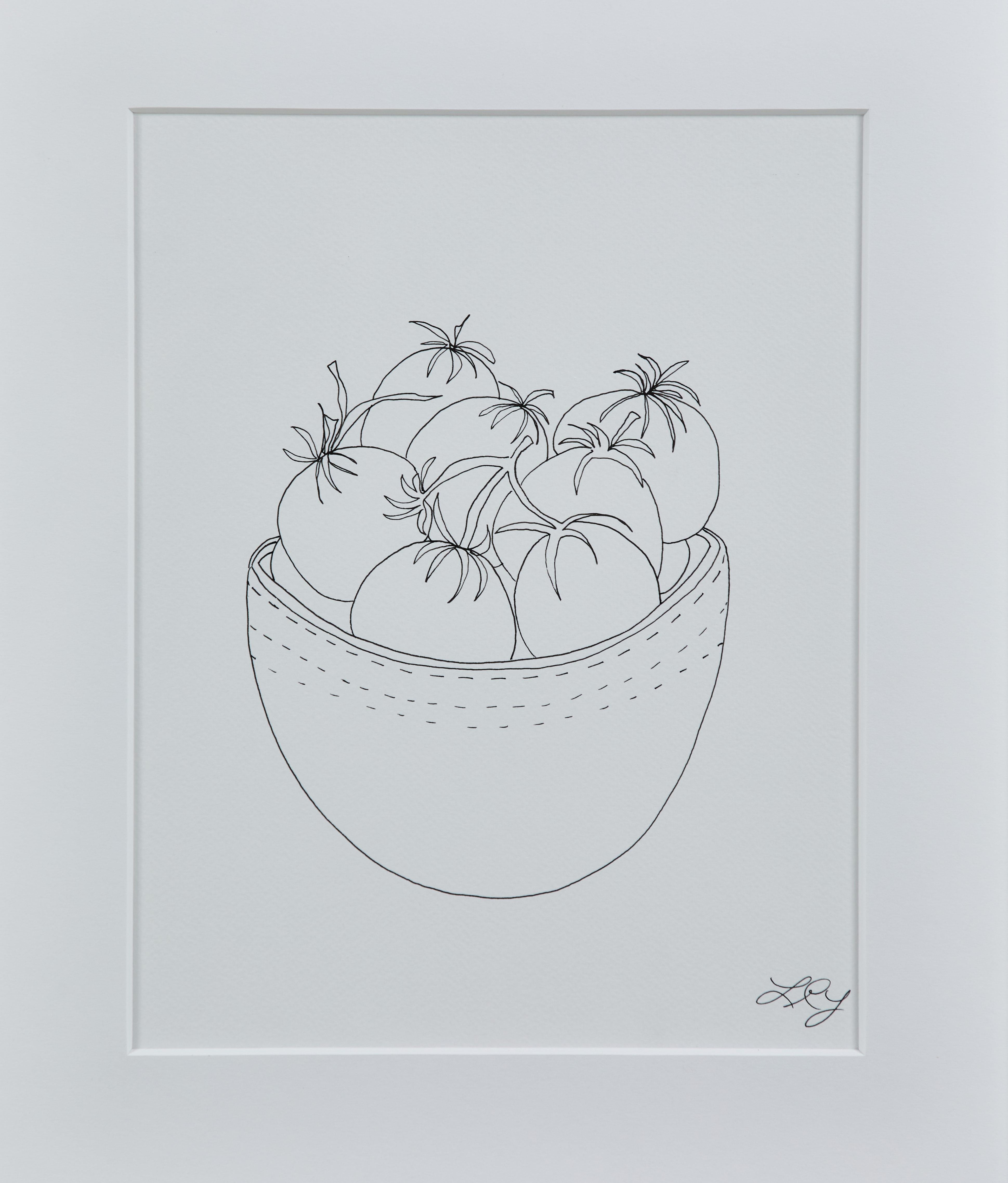 Contemporary Liz Young, Still Life of Tomatoes in a Bowl, Ink on Paper