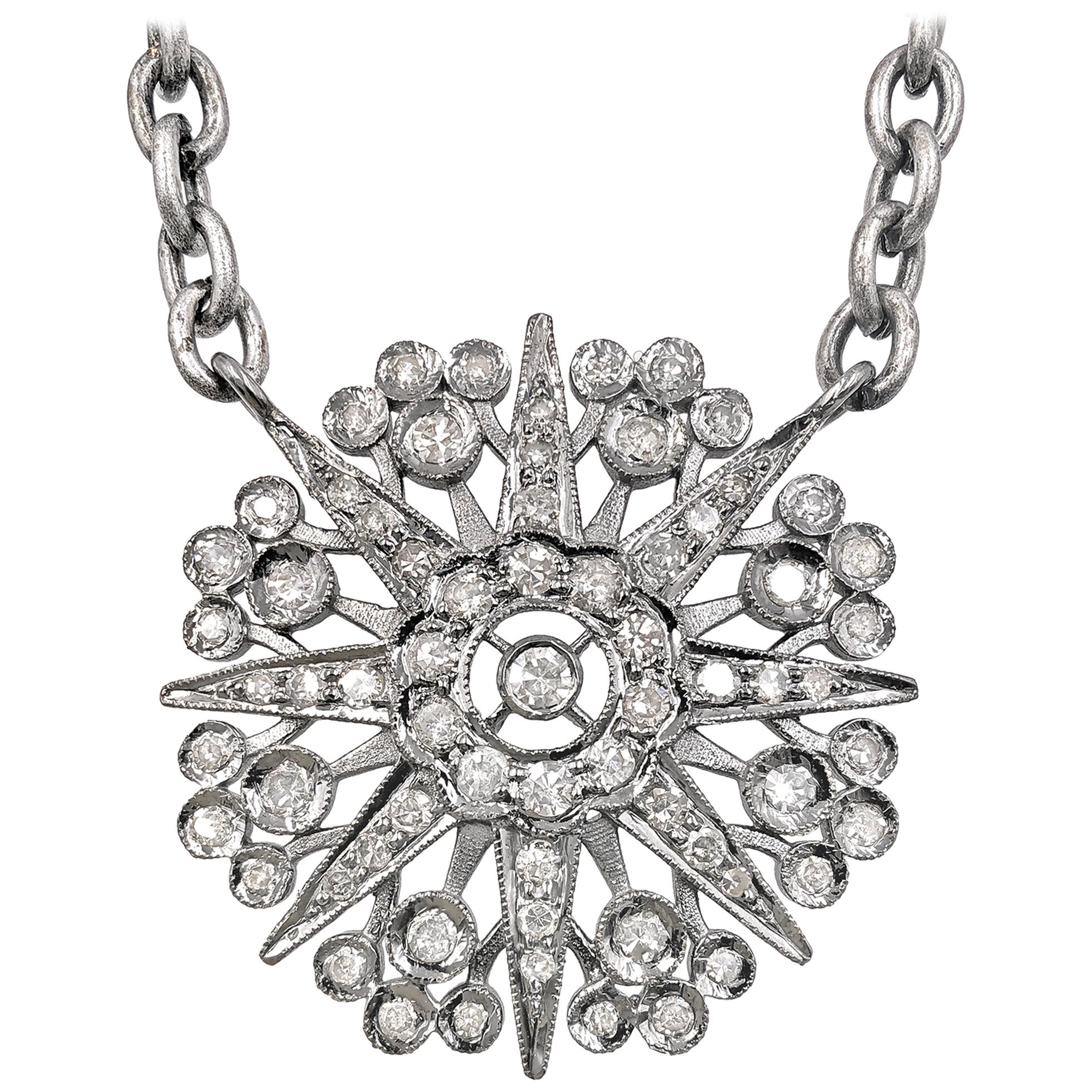 Liza Beth Art Deco Diamond Starburst Rhodium Silver Drop Necklace