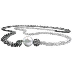 Liza Beth Long Faceted Gray Moonstone Pearl Diamond Bead Triple Chain Necklace