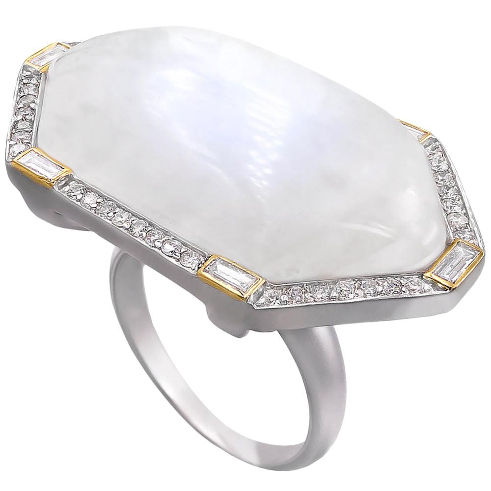 Liza Beth Moonstone Round and Baguette Diamond Gold Silver Statement Ring
