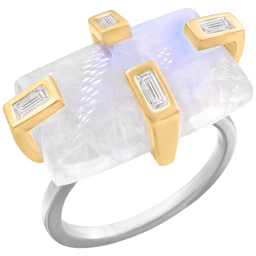 Liza Beth One of a Kind Violet Blue Moonstone Diamond Baguette Gold Silver Ring