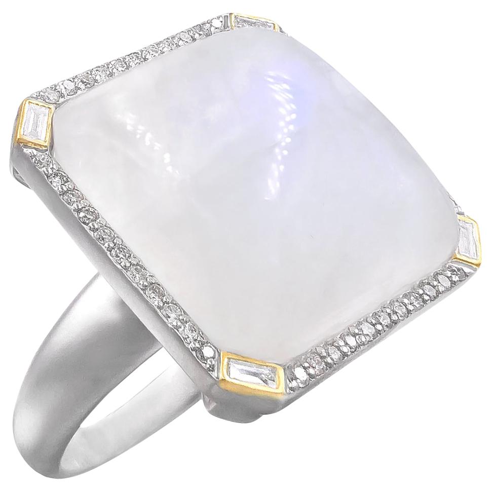 Liza Beth Square Moonstone Round and Baguette Diamond Gold Silver Cocktail Ring