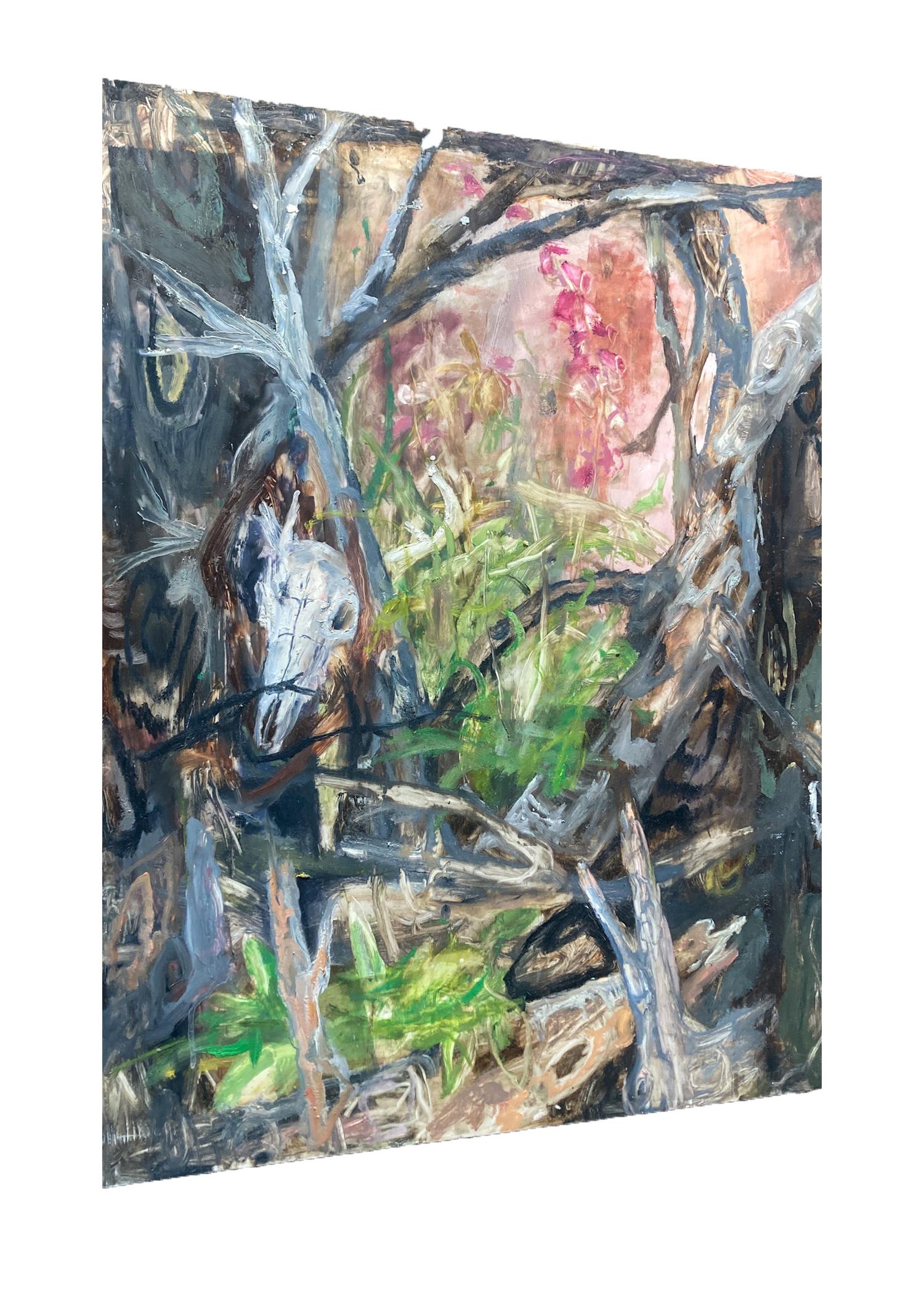 ALTAR - Óleo sobre panel de Yupo - Pintura de calavera, árboles y plantas en el bosque - Abstract Painting Gris de Liza Clement