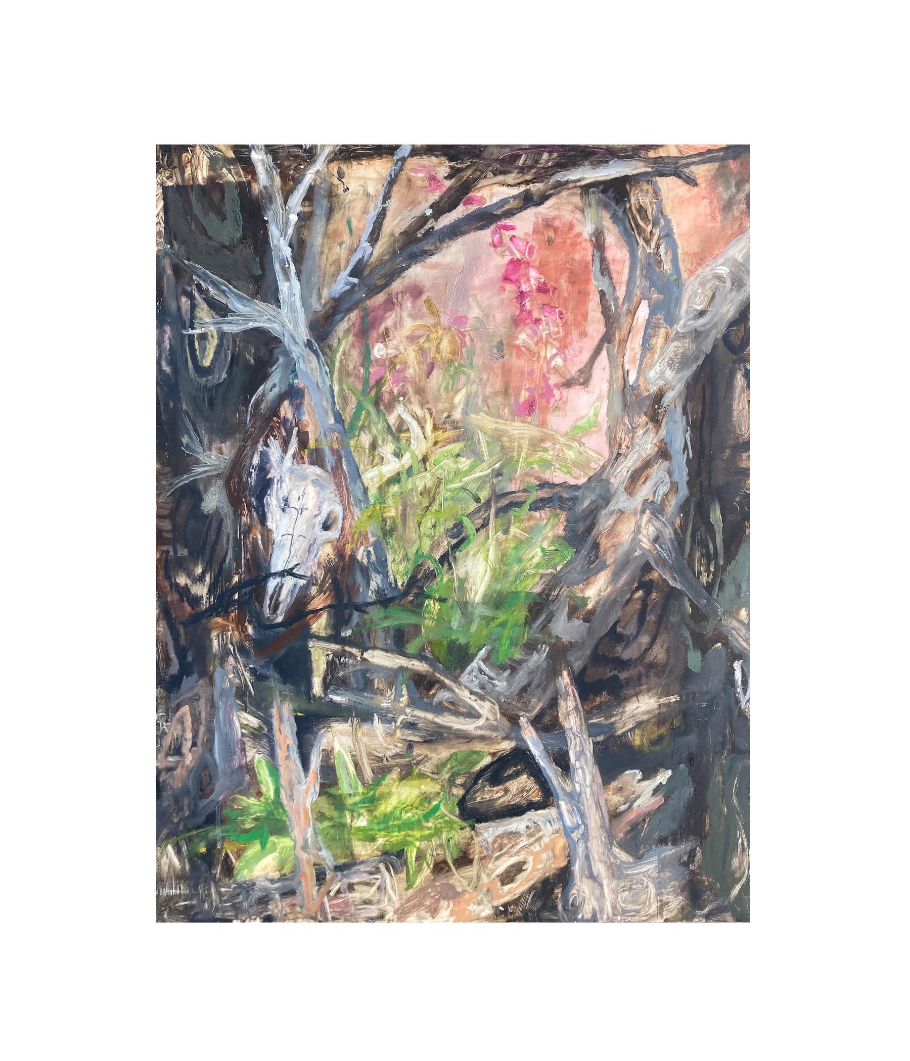 ALtar - Huile sur panneau Yupo - Peinture d'un crâne, d'arbres et de plantes dans les bois 