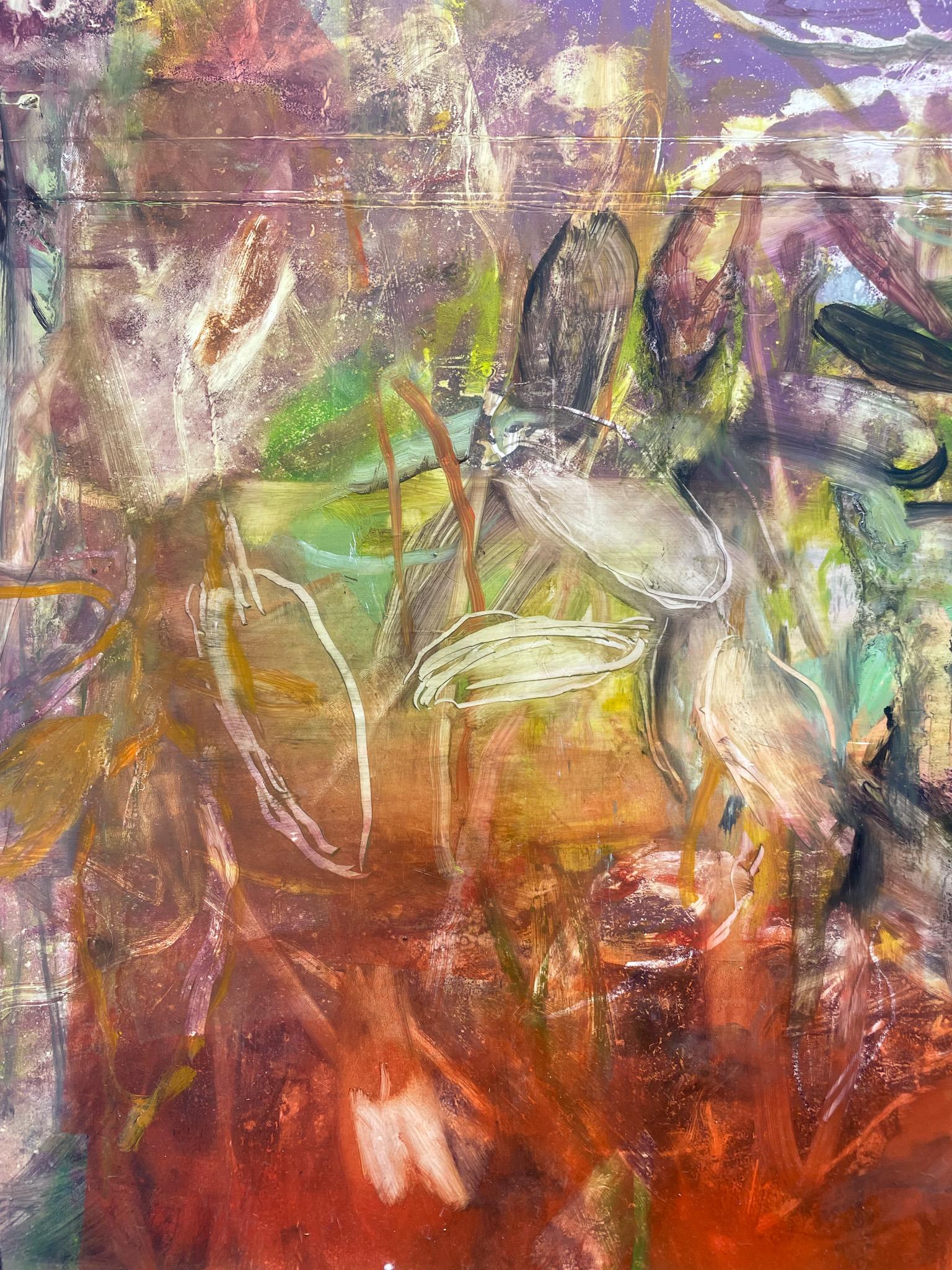 MAYAPPLES IN JUNE HEAT - Olio e monotipi su pannello Yupo - Pittura floreale astratta - Painting Contemporaneo di Liza Clement