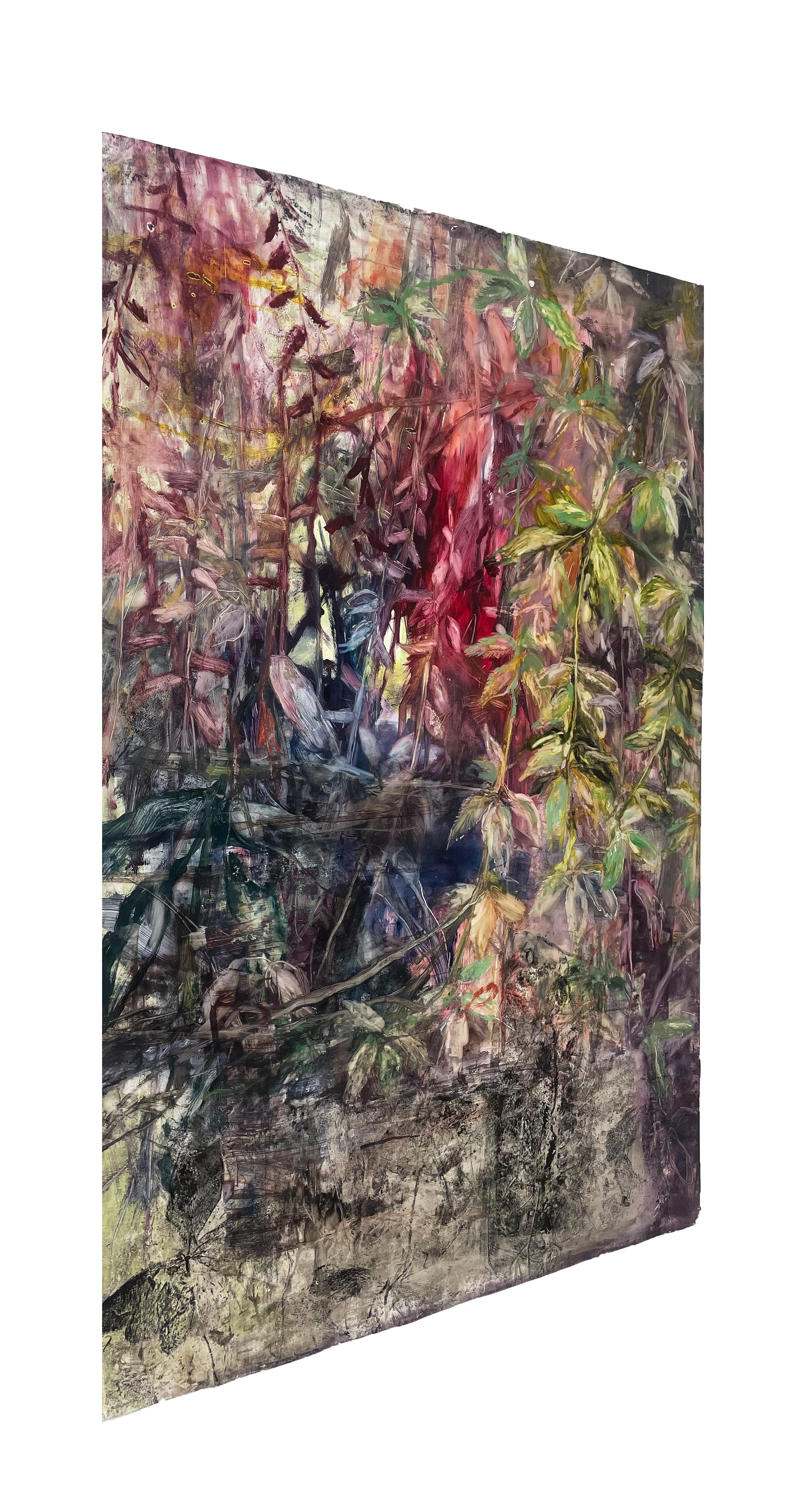 PARTHENOCISSUS - Pintura al óleo y monotipo sobre tabla de Hiedra rastrera en el bosque - Painting de Liza Clement