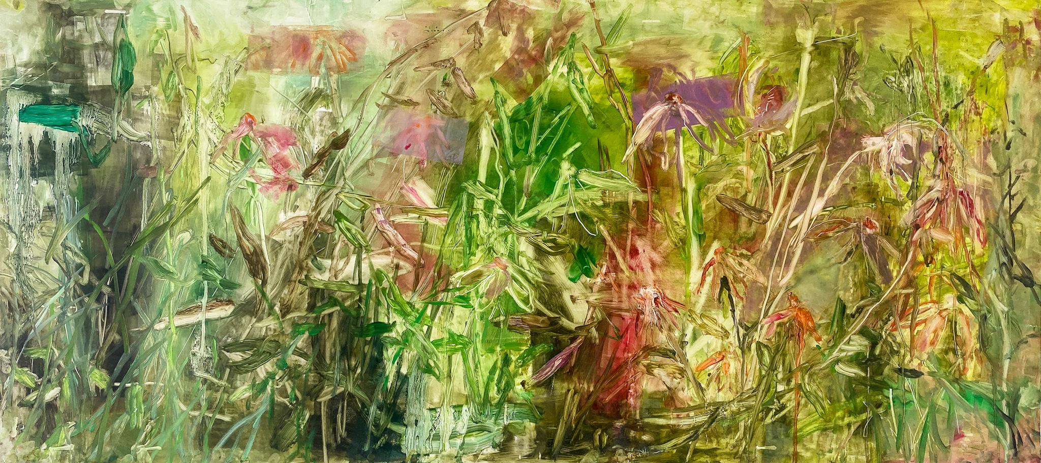 Liza Clement Abstract Painting - SPRING EQUINOX CYCLE II - Oil on Yupo Panel Painting of Plant Life in the Forest