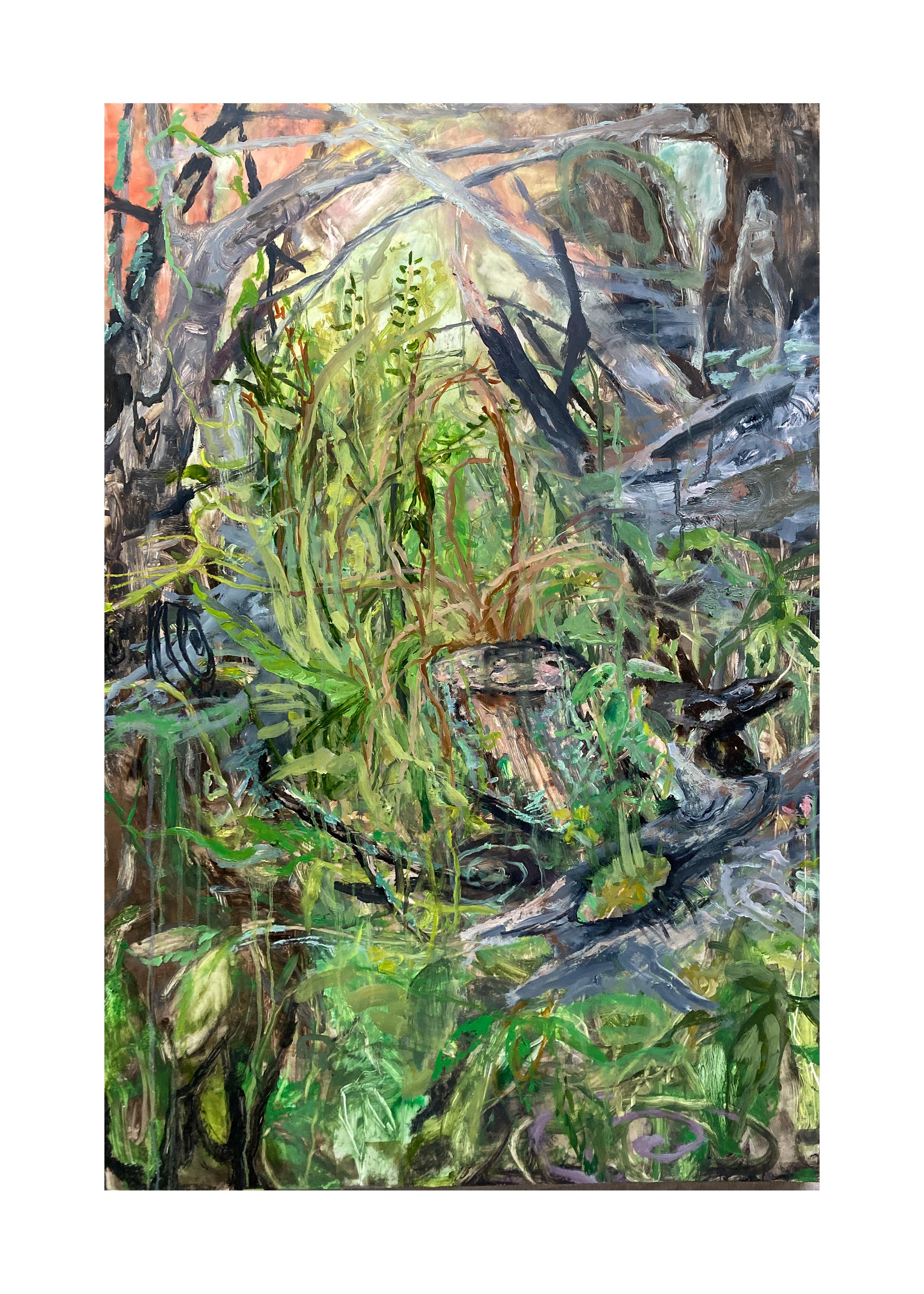 Liza Clement Abstract Painting - WASHINGTON DISAPPEARING - Oil on Yupo Panel Painting of Plant Life in the Forest