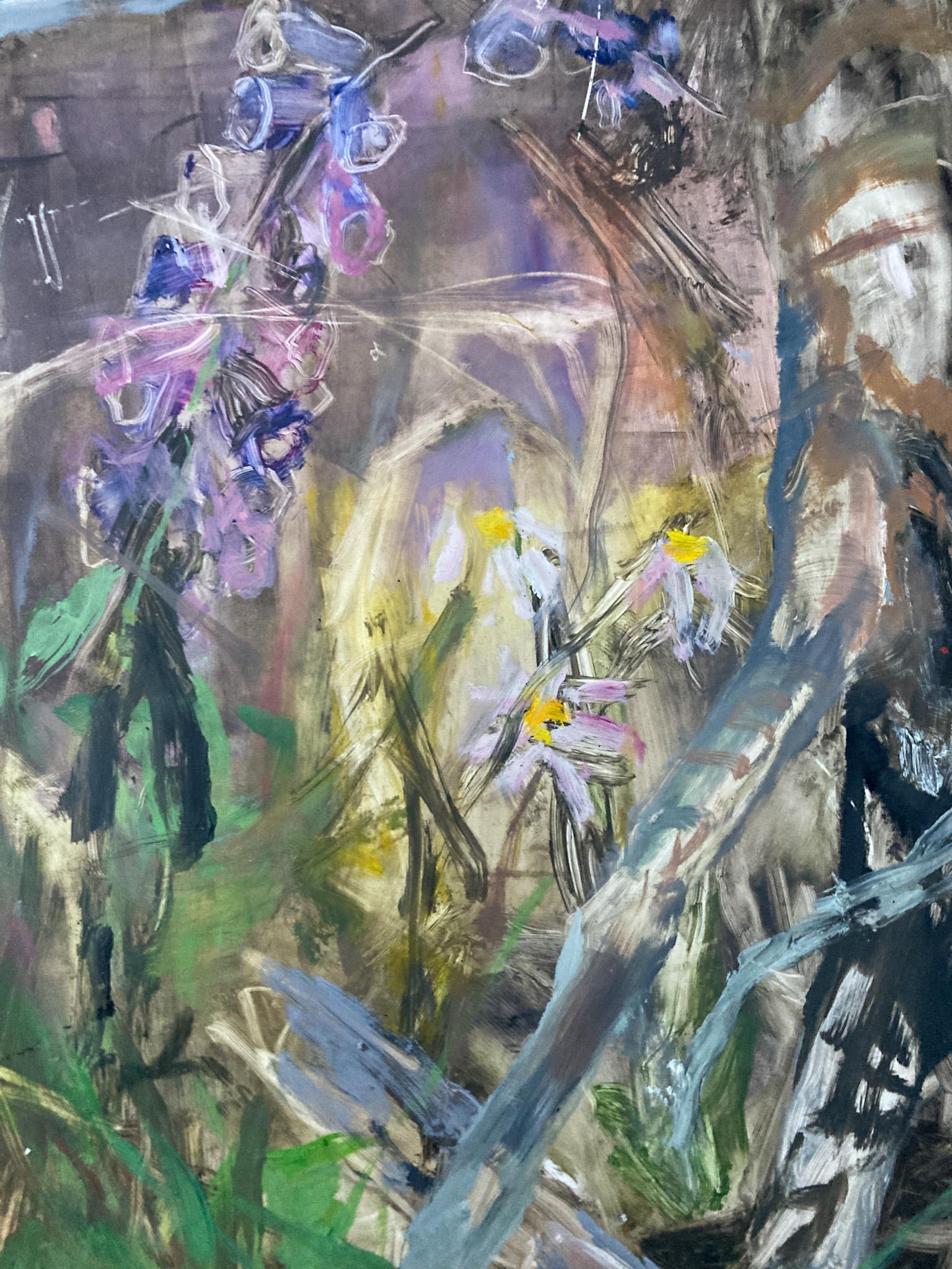 WOODLAND SHRINE - Quadro di vita vegetale nella foresta dipinto con olio su pannello Yupo - Figurative Painting Grigio di Liza Clement