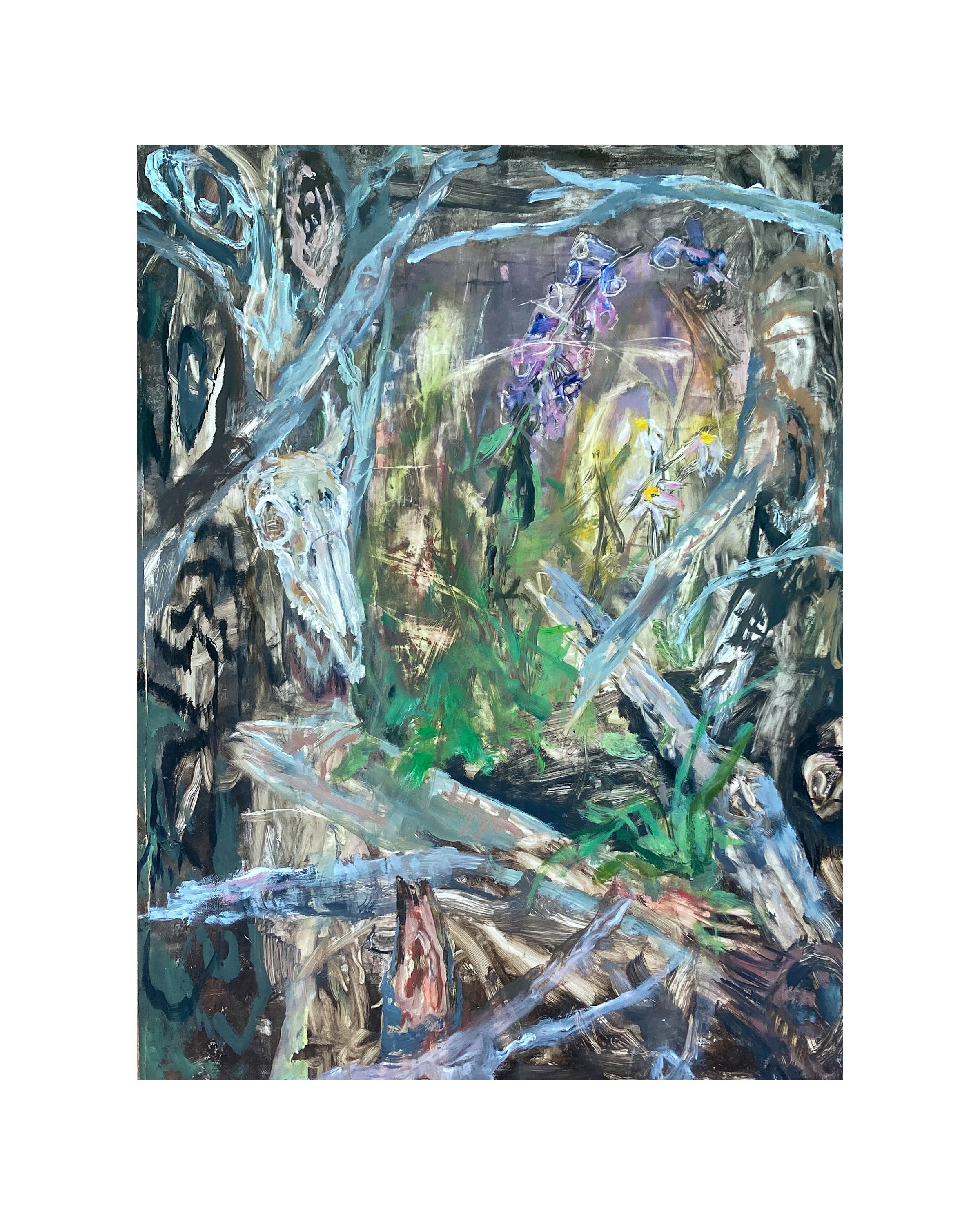 Figurative Painting di Liza Clement - WOODLAND SHRINE - Quadro di vita vegetale nella foresta dipinto con olio su pannello Yupo