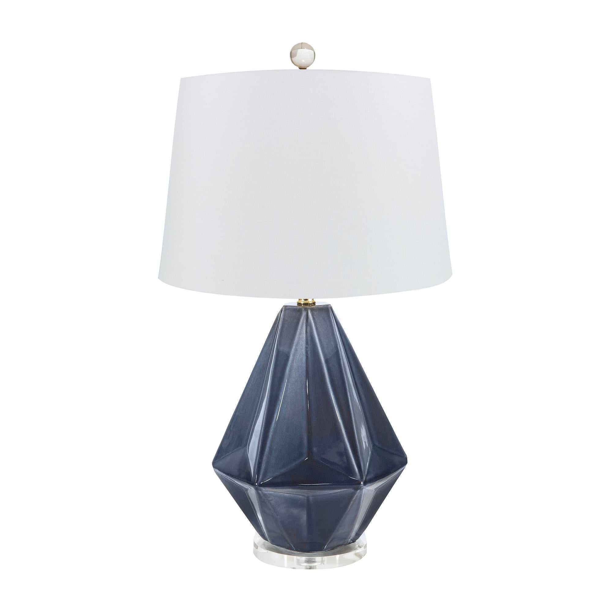 For Sale: Blue (QR-16105.MIDNIGHT.0) Liza Faceted Ceramic Table Lamp with Ivory Linen Shade by CuratedKravet