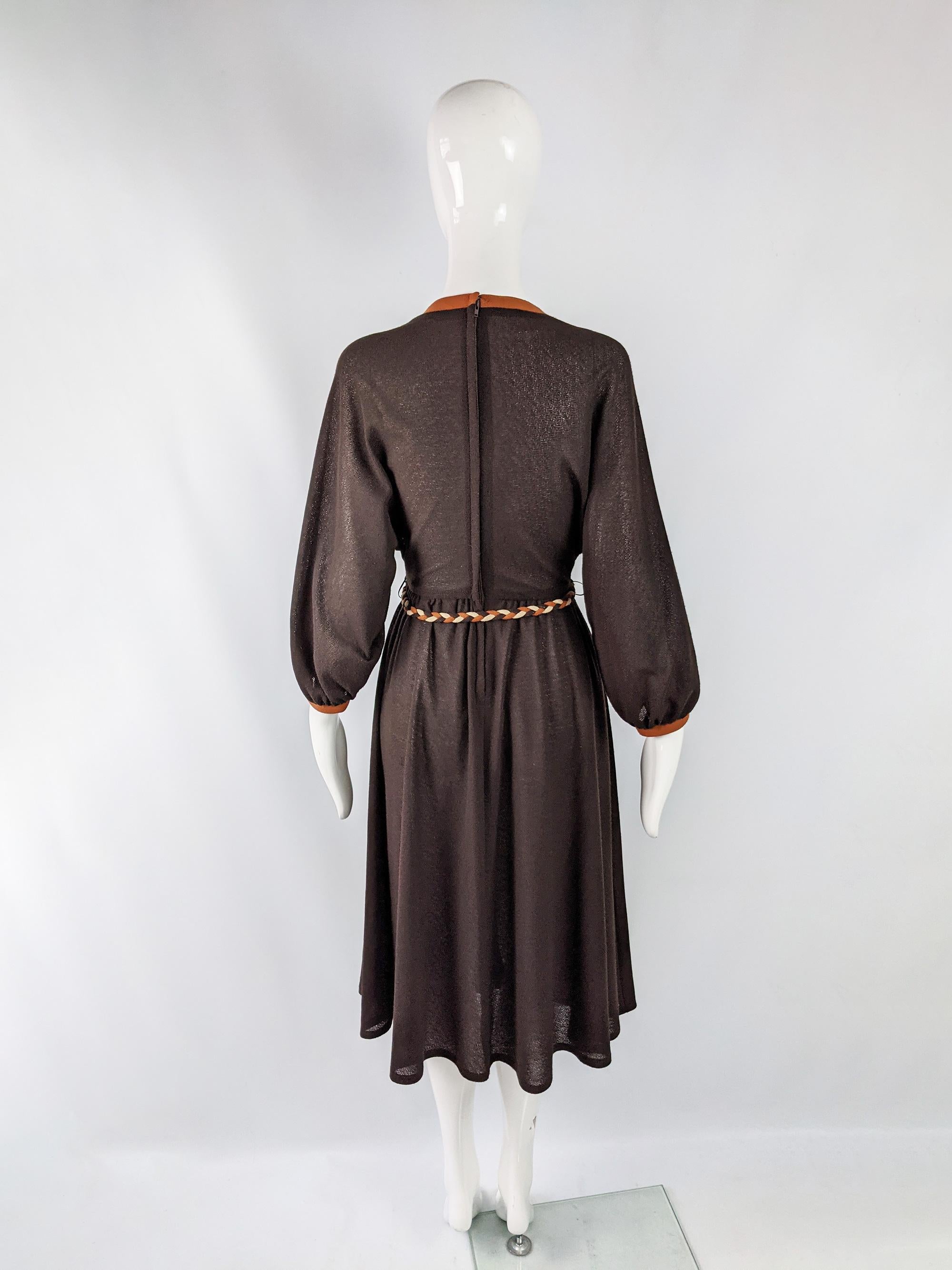 Liza Peta Vintage Brown Boho Sheer Crepe Puffed Balloon Sleeve Dress, 1970s In Good Condition In Doncaster, South Yorkshire