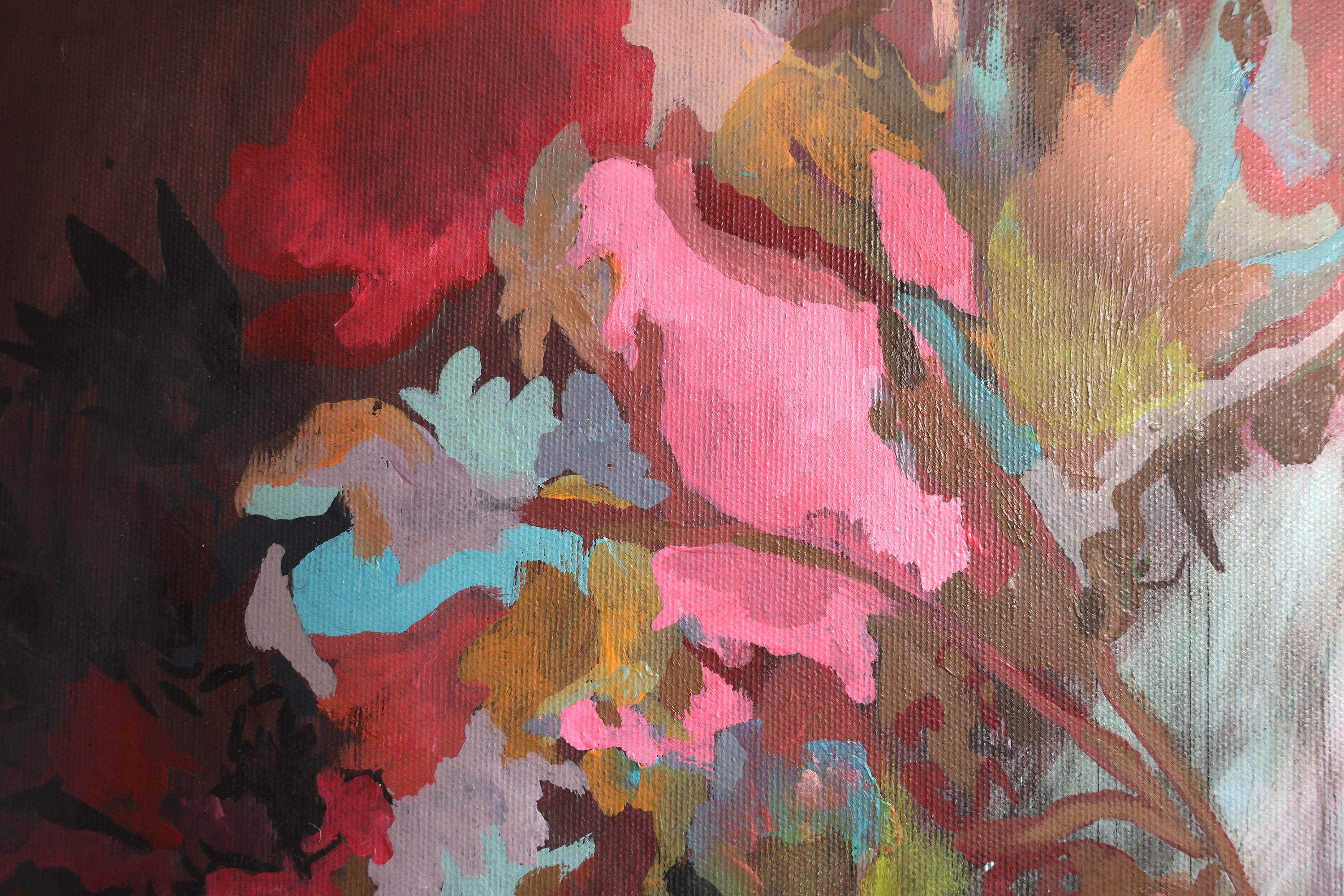 Zeitgenössische Blumenmalerei, Acryl auf Leinwand, gerahmt Buntes Stilleben im Angebot 6
