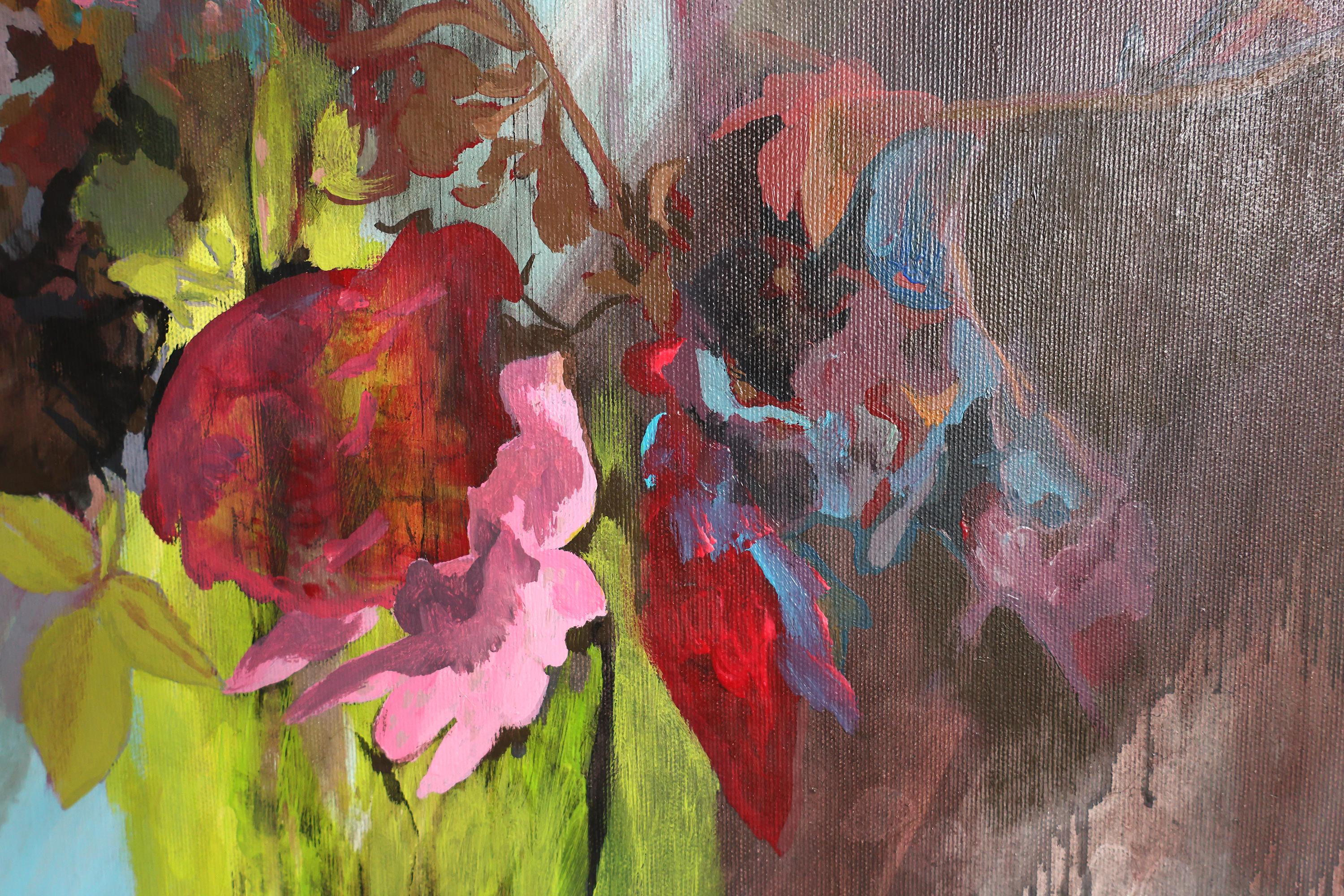 Zeitgenössische Blumenmalerei, Acryl auf Leinwand, gerahmt Buntes Stilleben im Angebot 7