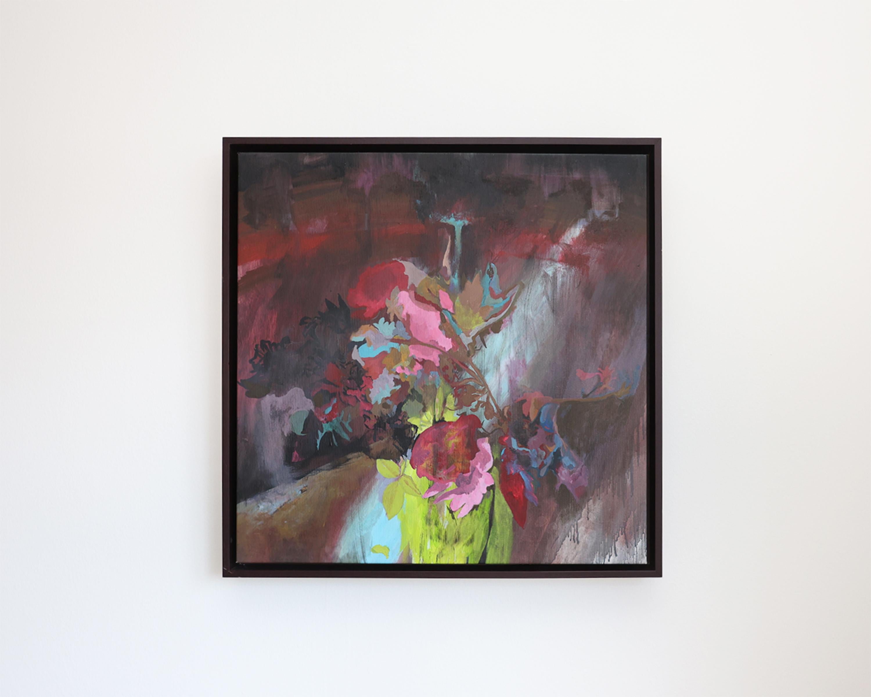 Zeitgenössische Blumenmalerei, Acryl auf Leinwand, gerahmt Buntes Stilleben (Schwarz), Still-Life Painting, von Liza Zhdanova