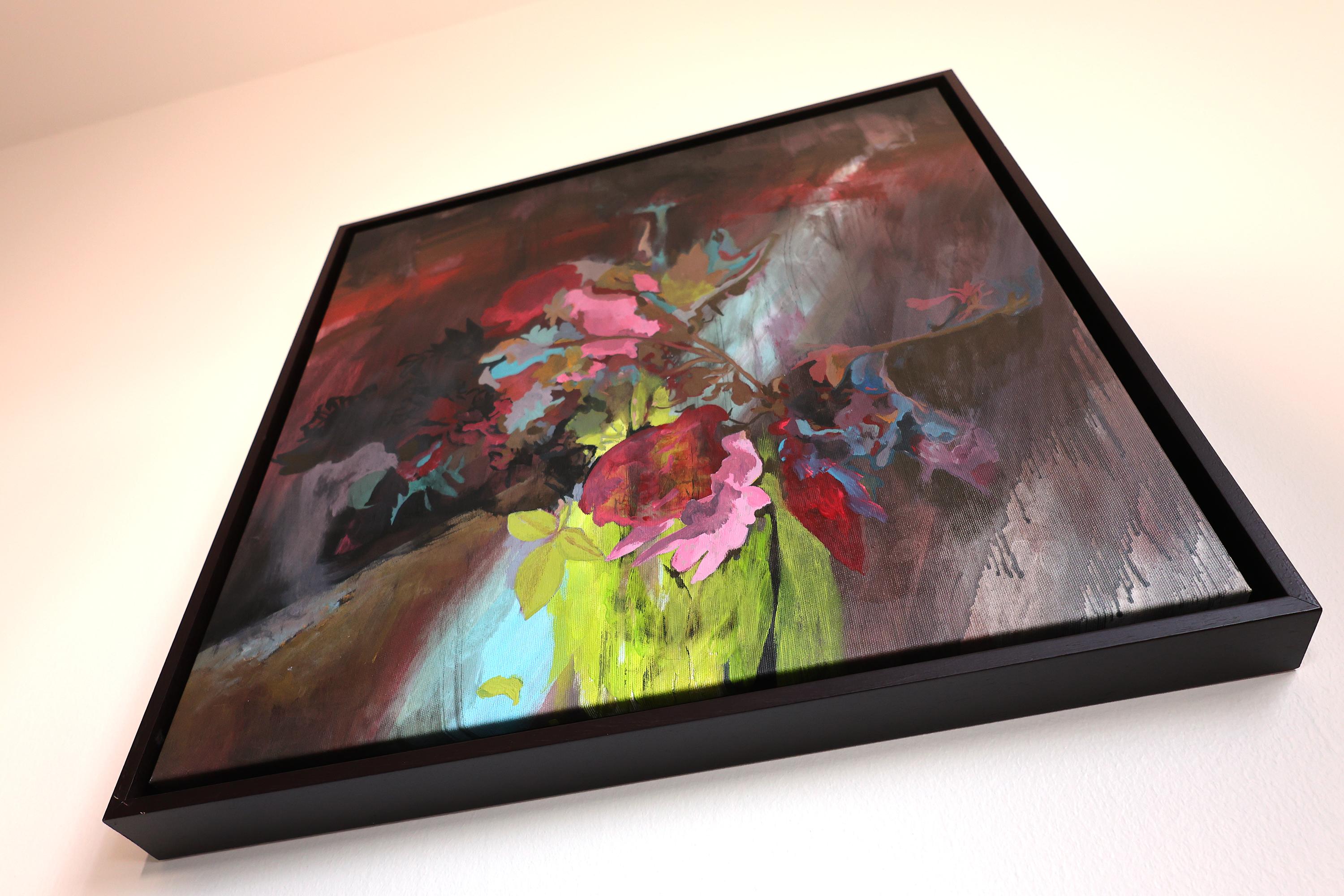Zeitgenössische Blumenmalerei, Acryl auf Leinwand, gerahmt Buntes Stilleben im Angebot 2