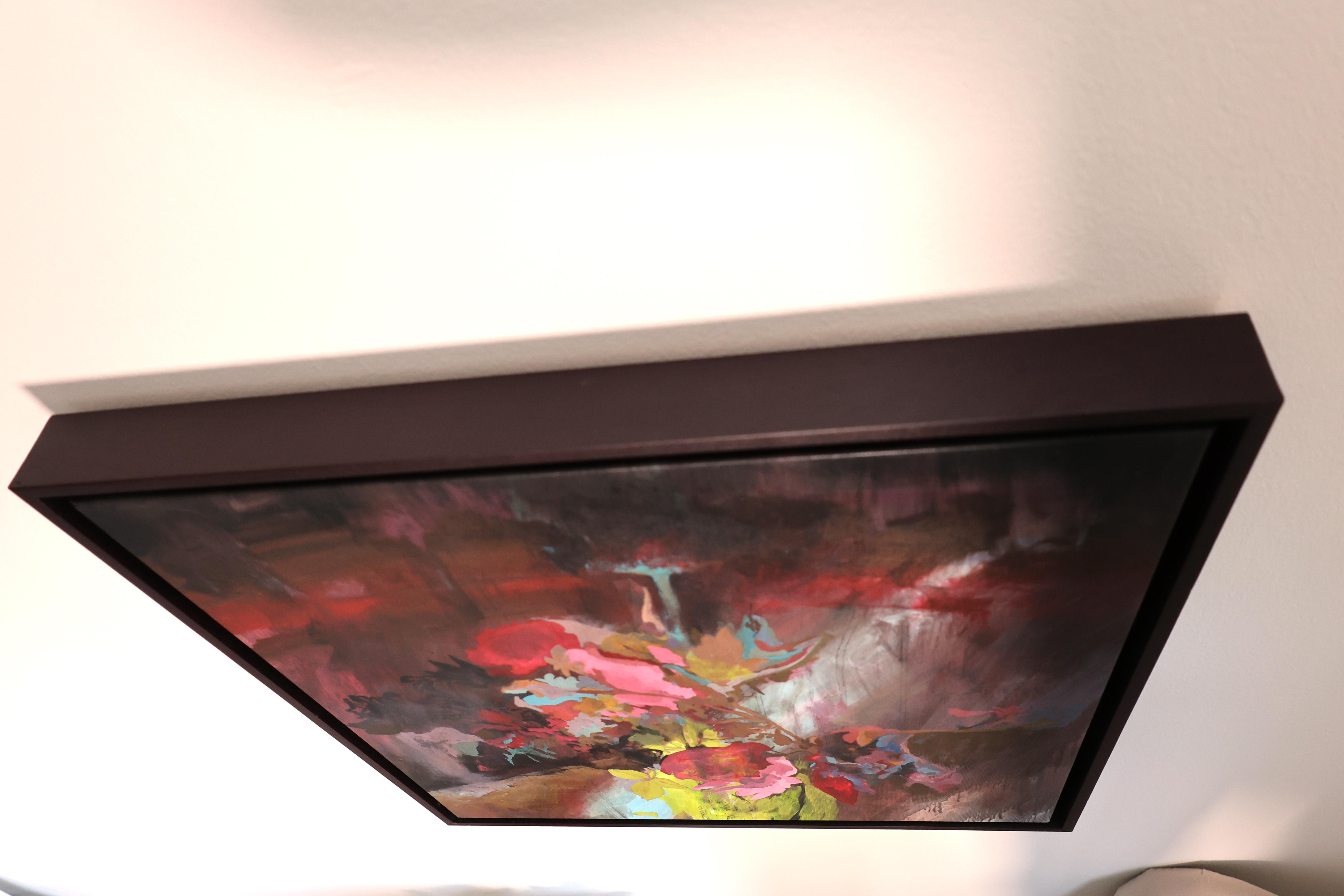 Zeitgenössische Blumenmalerei, Acryl auf Leinwand, gerahmt Buntes Stilleben im Angebot 3