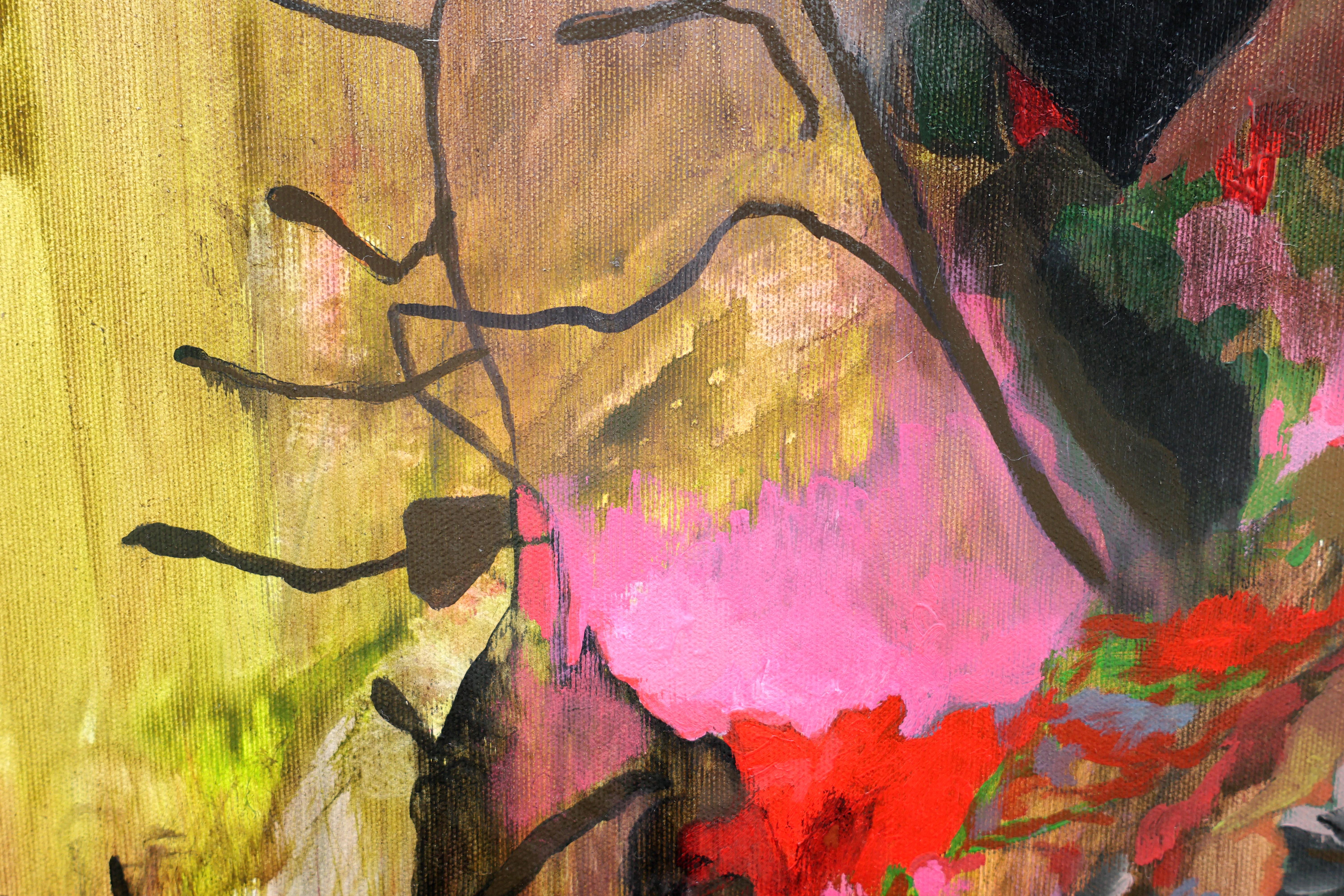 Zeitgenössische Blumenmalerei, Acryl auf Leinwand, gerahmte lila Kunst, Blumen im Angebot 5