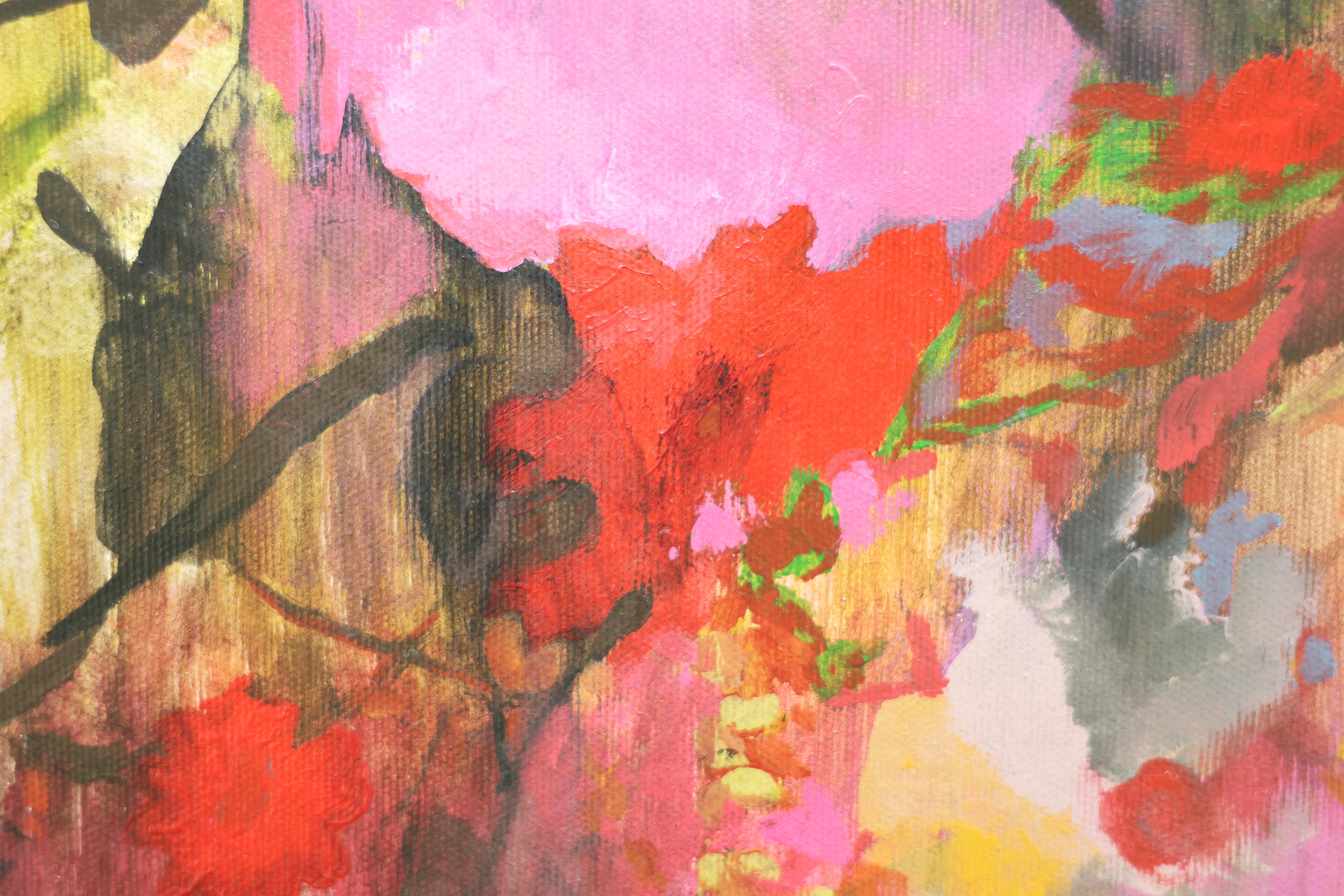 Zeitgenössische Blumenmalerei, Acryl auf Leinwand, gerahmte lila Kunst, Blumen im Angebot 7