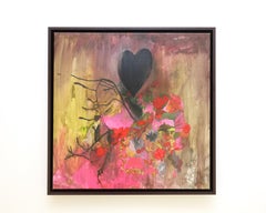 Liza Zhdanova "Black Heart" Framed Love Painting, Purple Flowers, 24x24 in