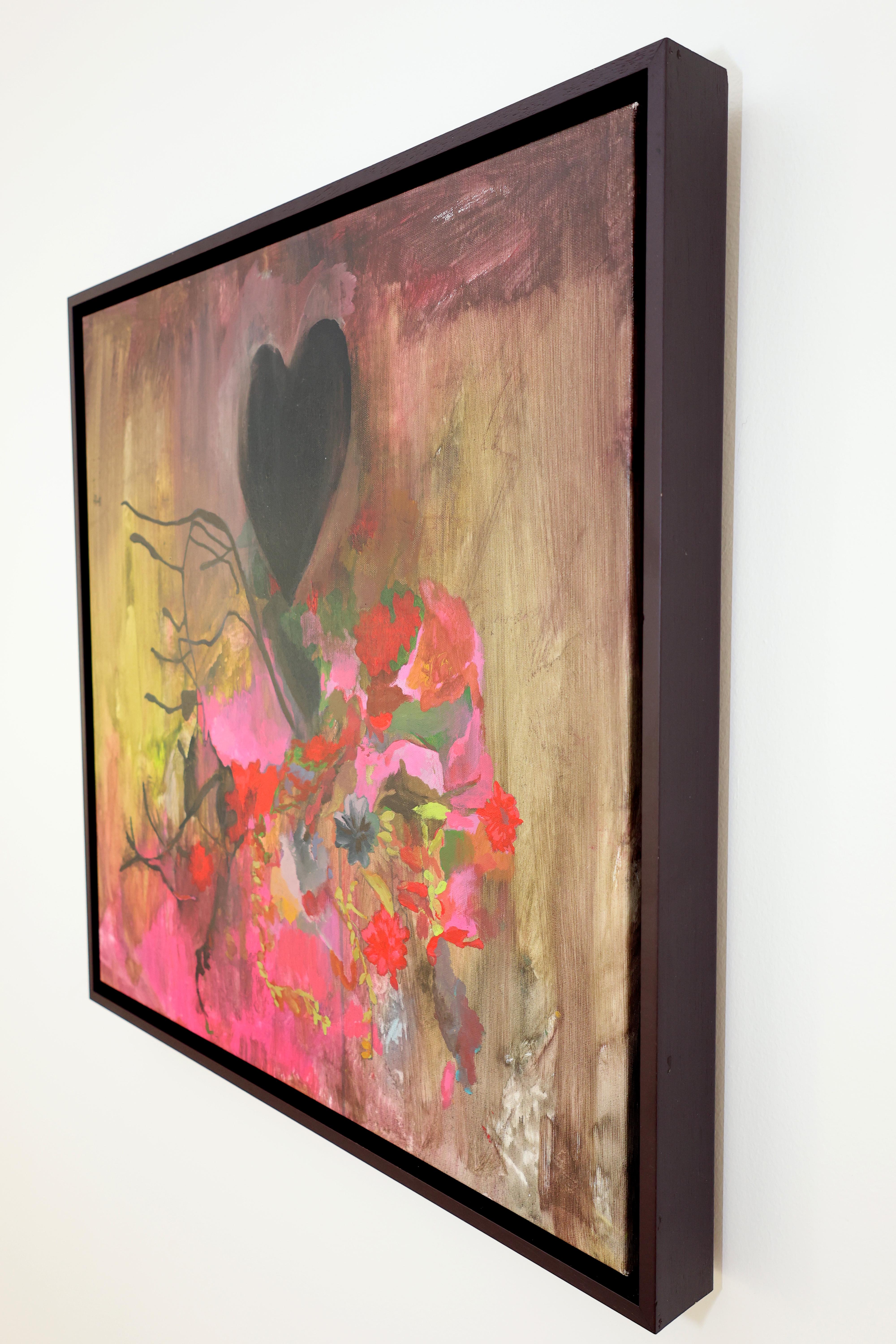 Zeitgenössische Blumenmalerei, Acryl auf Leinwand, gerahmte lila Kunst, Blumen im Angebot 1