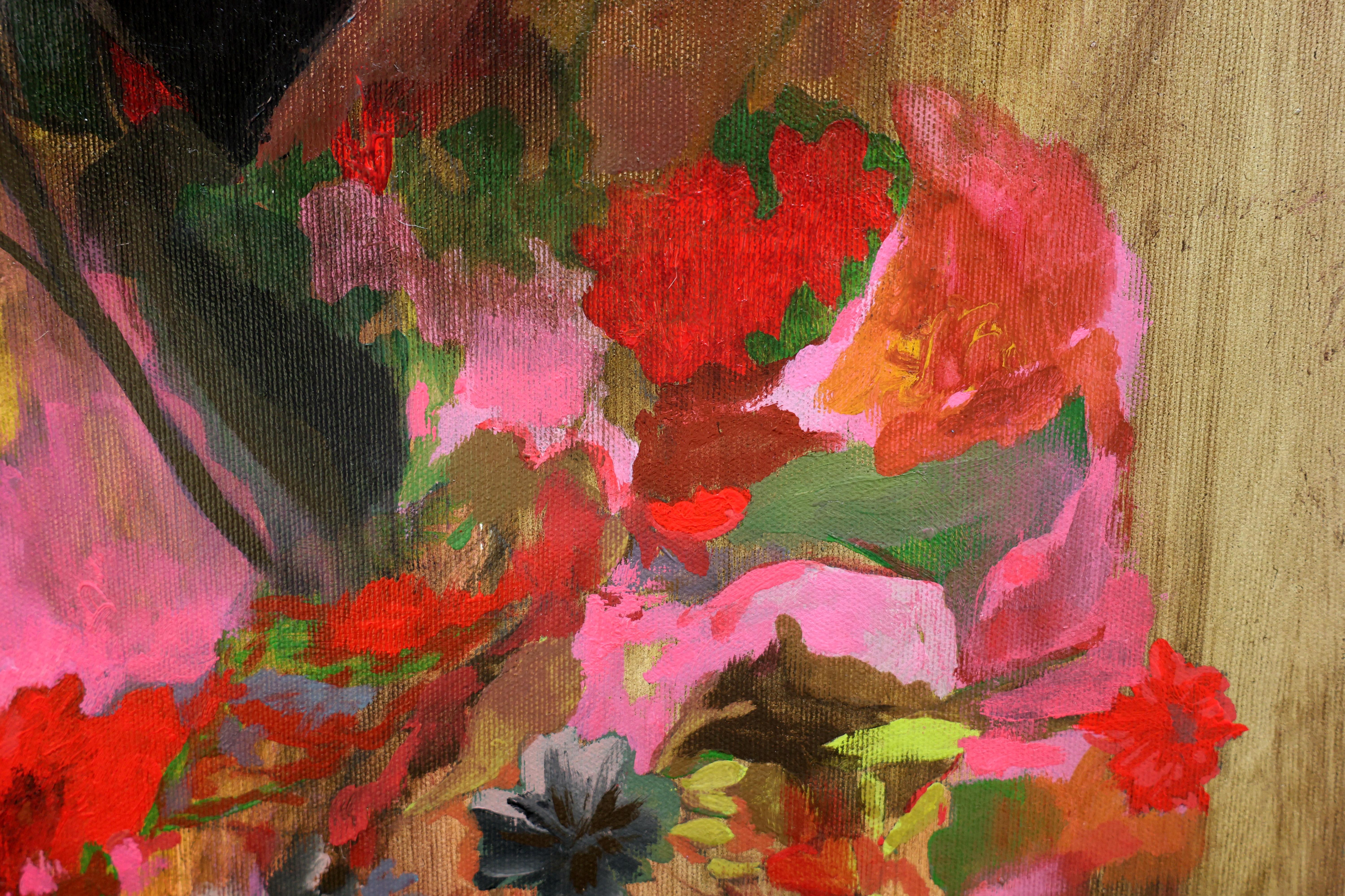 Zeitgenössische Blumenmalerei, Acryl auf Leinwand, gerahmte lila Kunst, Blumen im Angebot 4