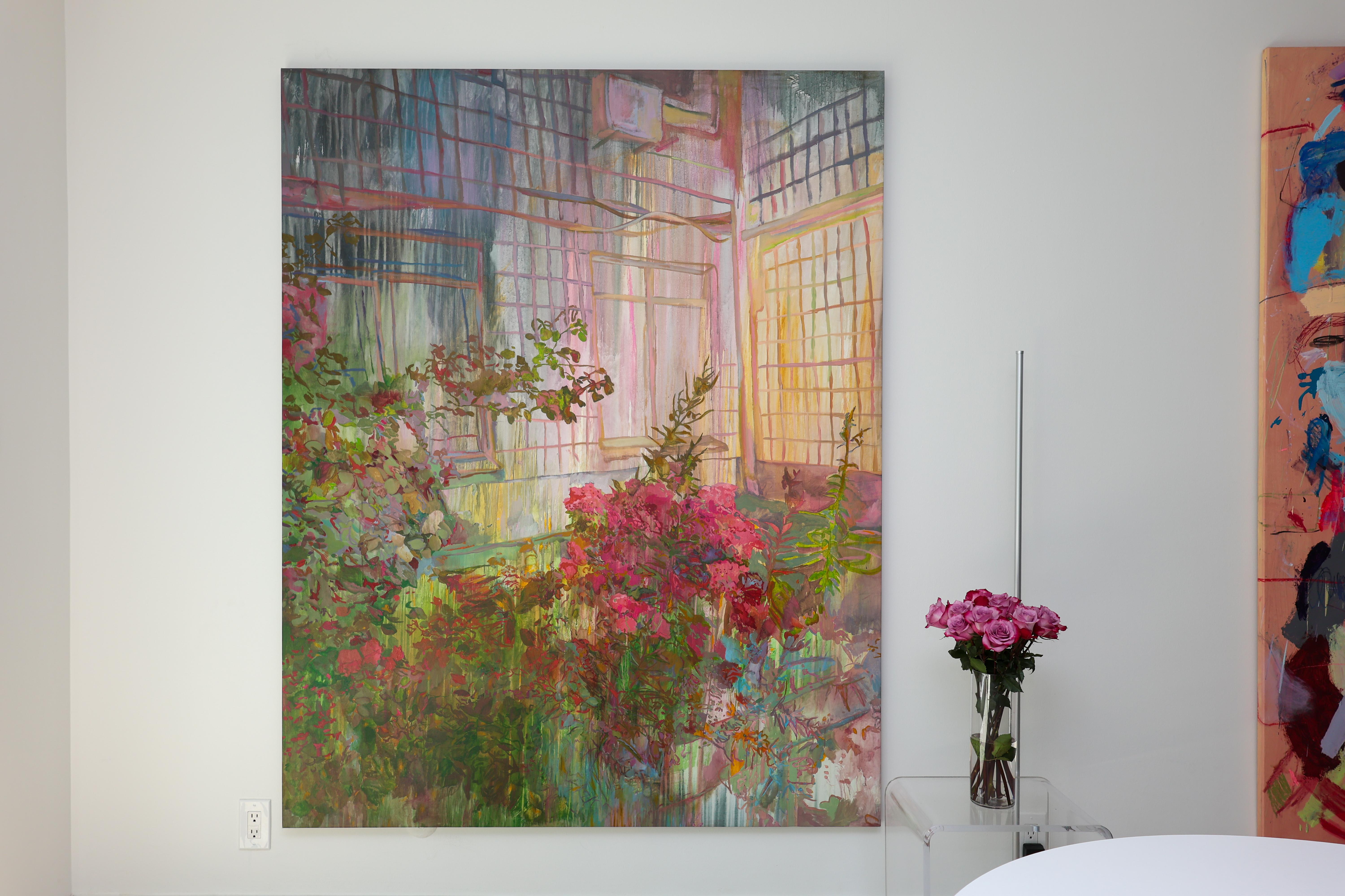 “Flowers #10” is a large-scale acrylic painting by contemporary Ukrainian artist Liza Zhdanova, created in 2024. This work belongs to her acclaimed “Flowers” series, where she explores the interplay between architecture and nature. The painting