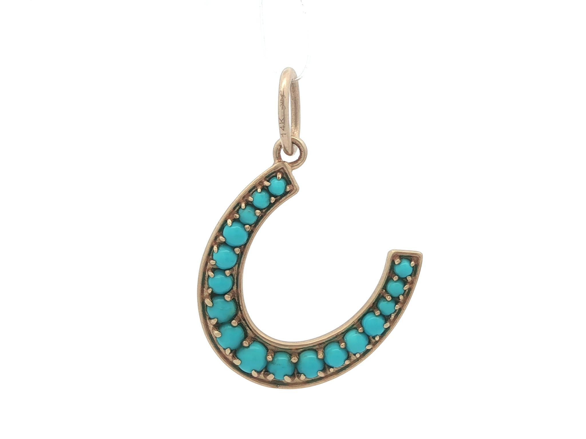 Round Cut Lizabeth Simone 14k Yellow Gold Turquoise Satin Finish Lucky Horseshoe Pendant For Sale