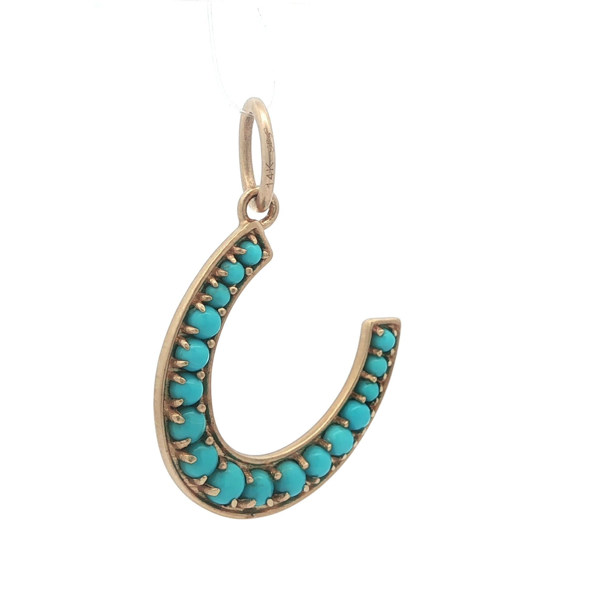 Women's Lizabeth Simone 14k Yellow Gold Turquoise Satin Finish Lucky Horseshoe Pendant For Sale