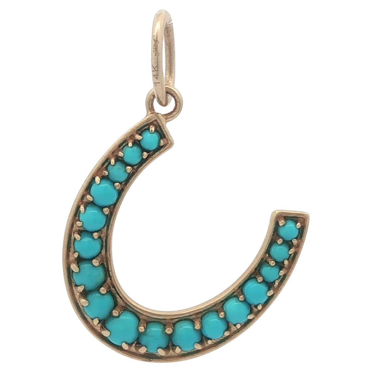 Lizabeth Simone 14k Yellow Gold Turquoise Satin Finish Lucky Horseshoe Pendant For Sale