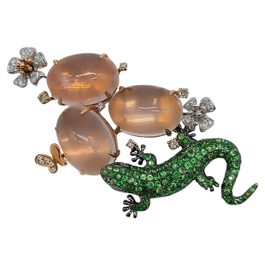 Lizard and Quartz Brooch in White and Pink Gold with Diamonds and Tsavorites For Sale