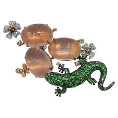 Diamond, Tsavorite and Rose Quartz Lizard Brooch Pin in 18K Rose and White Gold