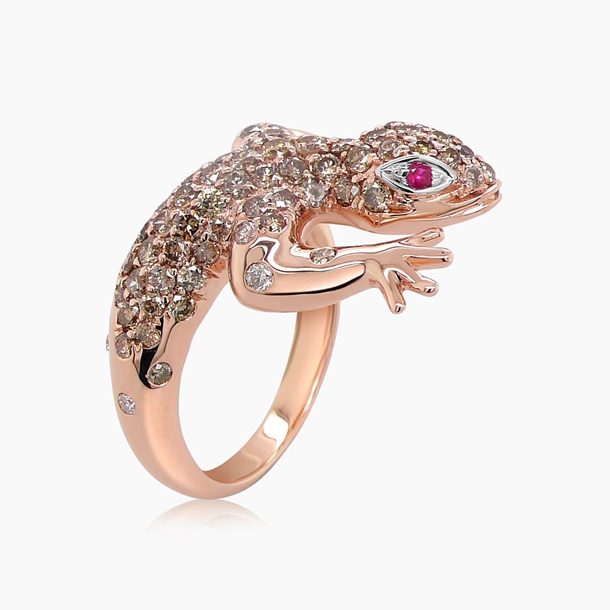 Eidechse Braun & Weißer Diamant Rubin 18K Rose Gold Ring (Gemischter Schliff) im Angebot