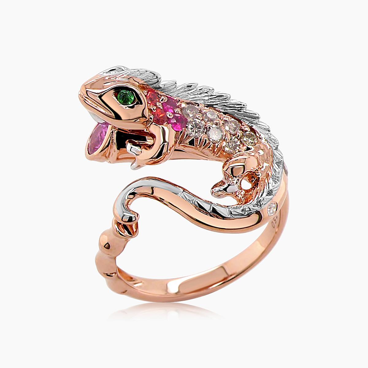 Eidechse Chamäleon Rubin & Diamant Pave und Edelsteine 18K Rose Weißgold Tier Ring (Gemischter Schliff) im Angebot