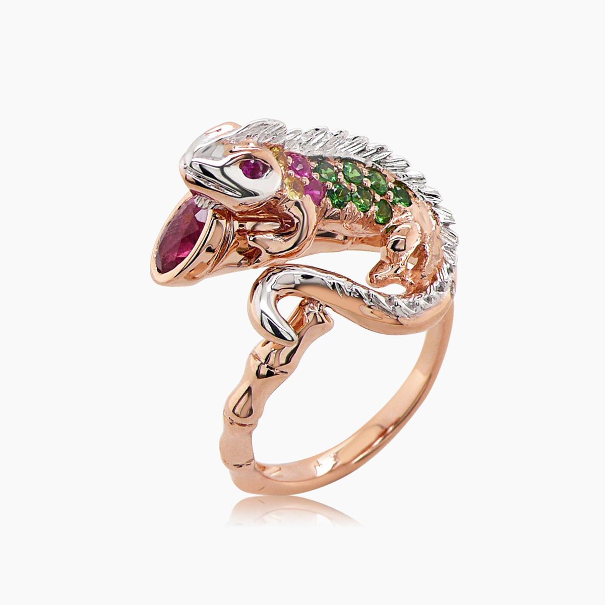 Eidechse Chamäleon Rubin & Diamant Pave und Grün 18K Rose Weißgold Tier Ring (Gemischter Schliff) im Angebot