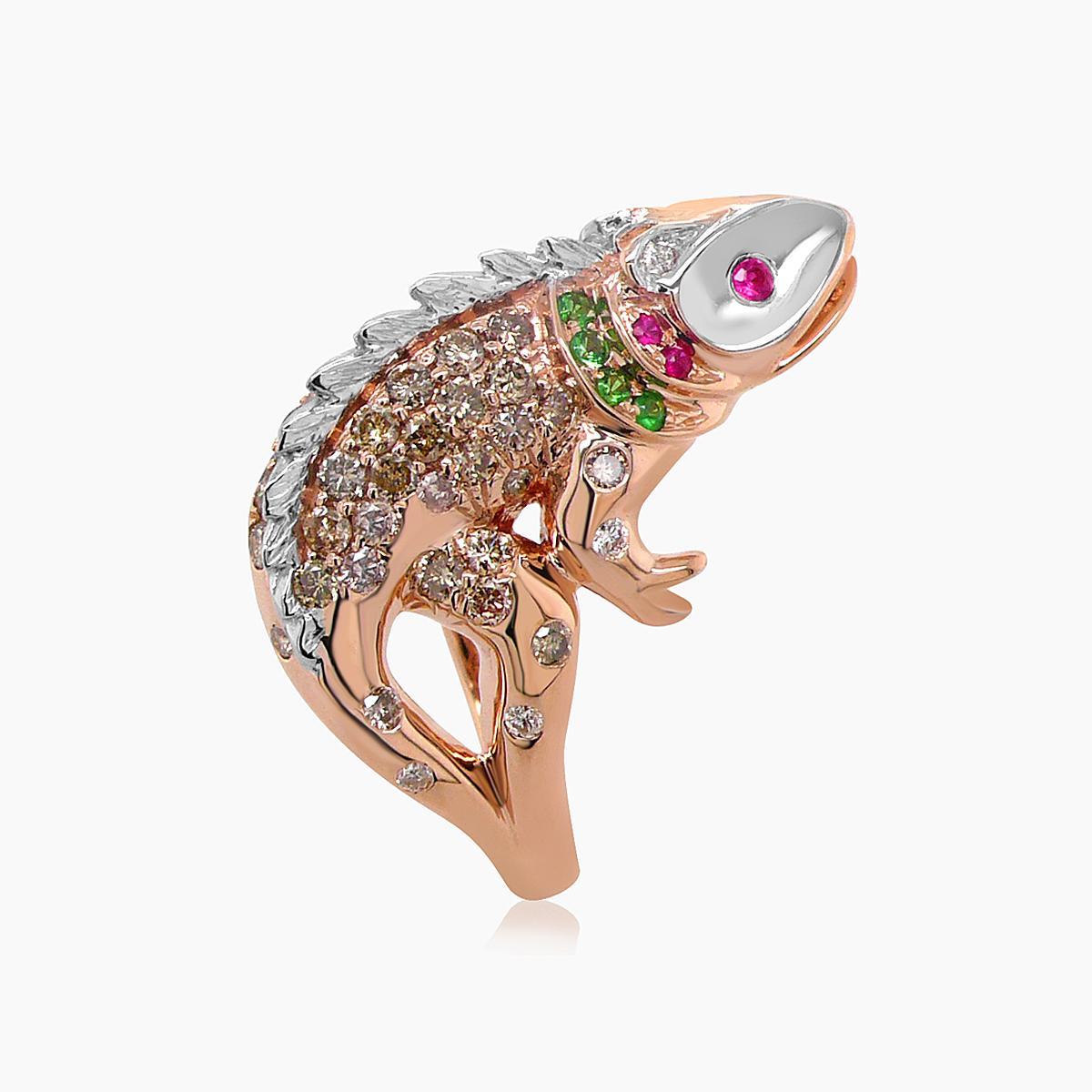 Eidechse Chamäleon Rubin & Diamant Pave und Grün 18K Rose Weißgold Tier Ring im Zustand „Neu“ im Angebot in Oakton, VA