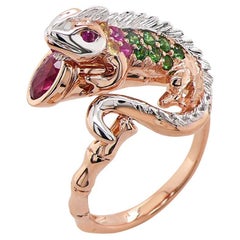 Eidechse Chamäleon Rubin & Diamant Pave und Grün 18K Rose Weißgold Tier Ring