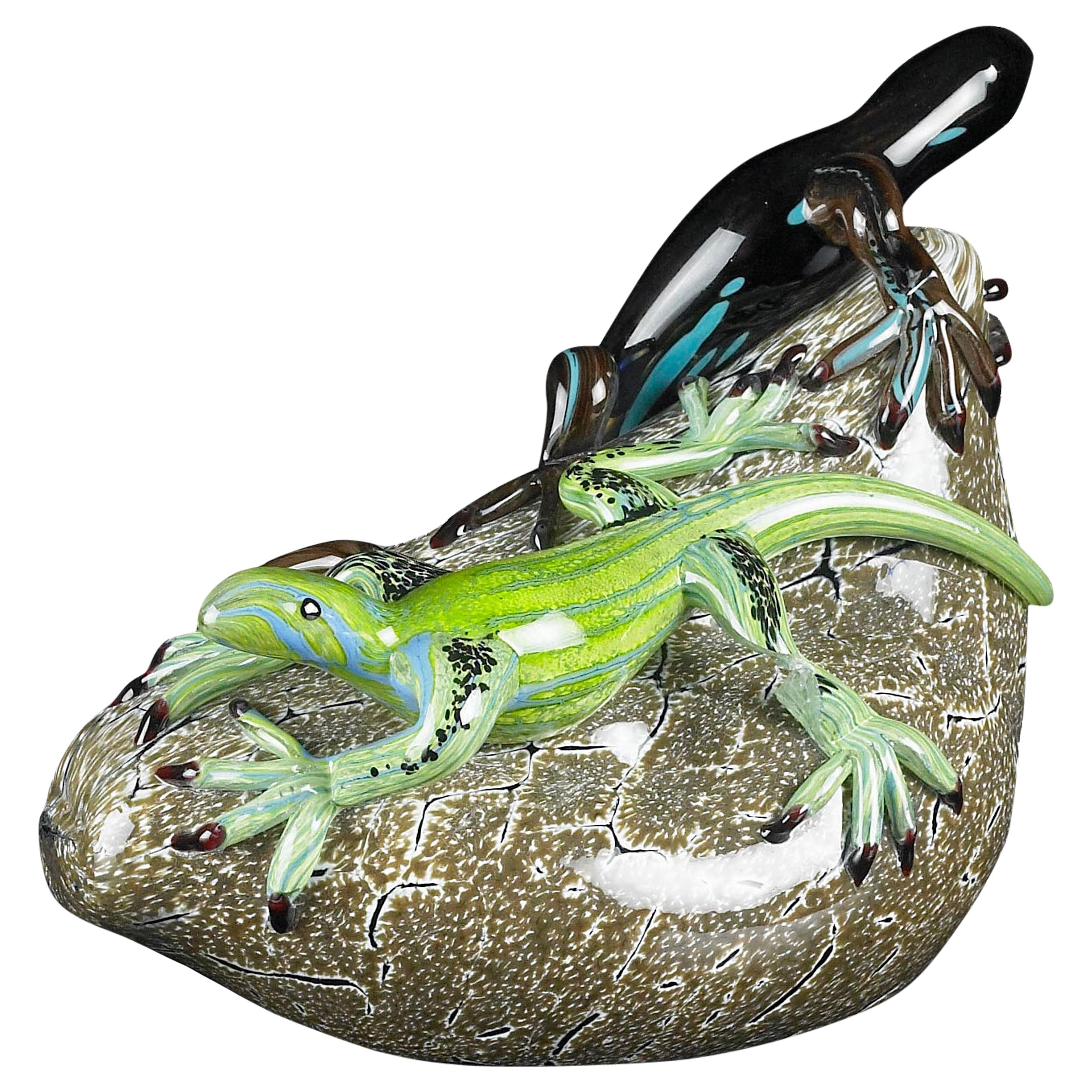 Lizard on a Stone, in Glass, Italy For Sale