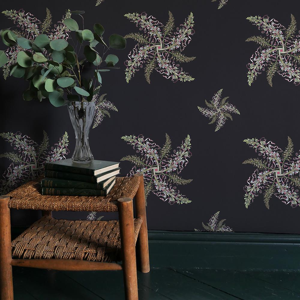 English Lizard Orchid Wallpaper Geometric Botanical in Slate For Sale