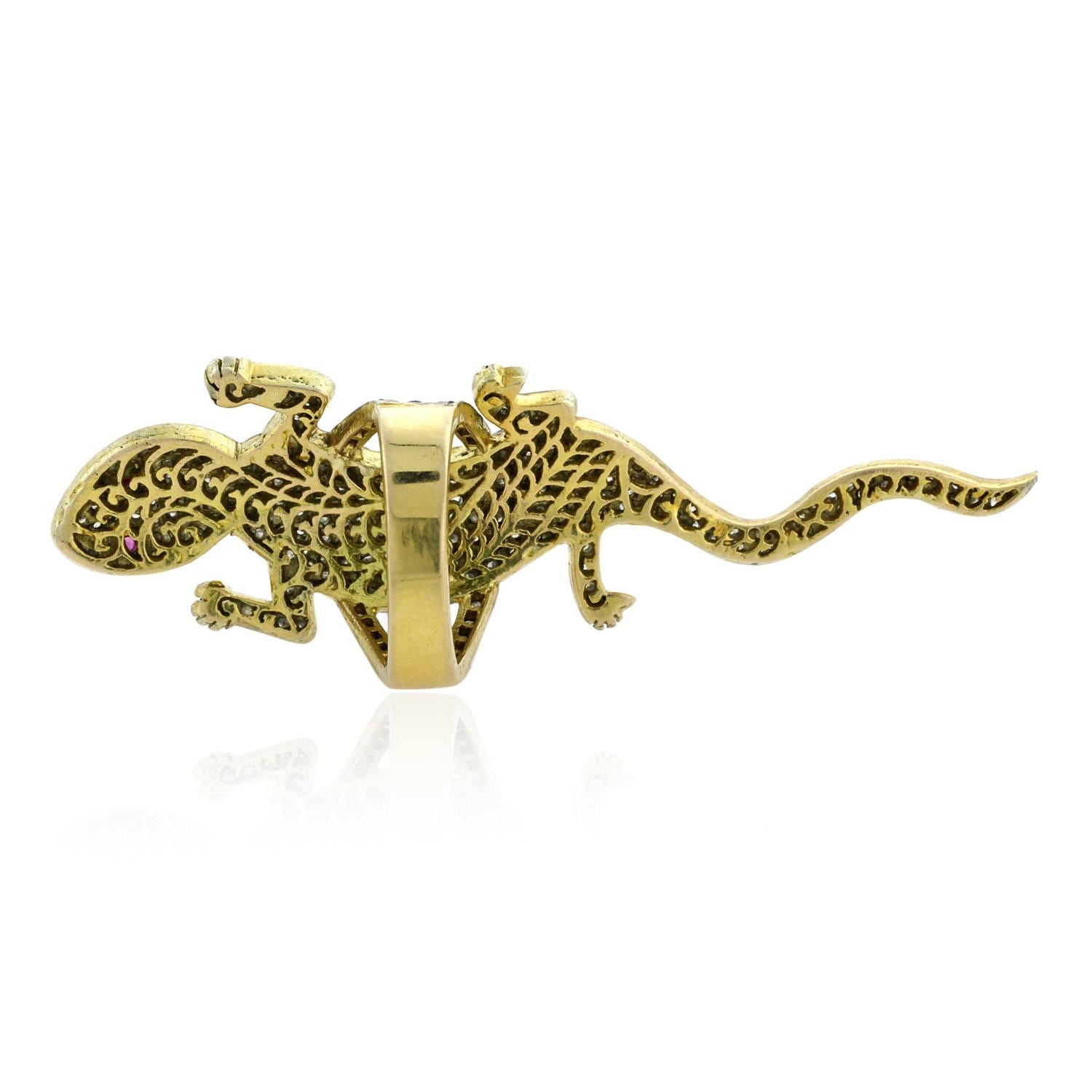Art Deco Lizard Shaped Pave Diamond Ring With Ruby Eyes Made In 14k Yellow Gold & Silver For Sale