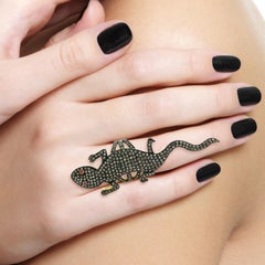 Lizard Shaped Pave Diamond Ring With Ruby Eyes Made In 14k Yellow Gold & Silver