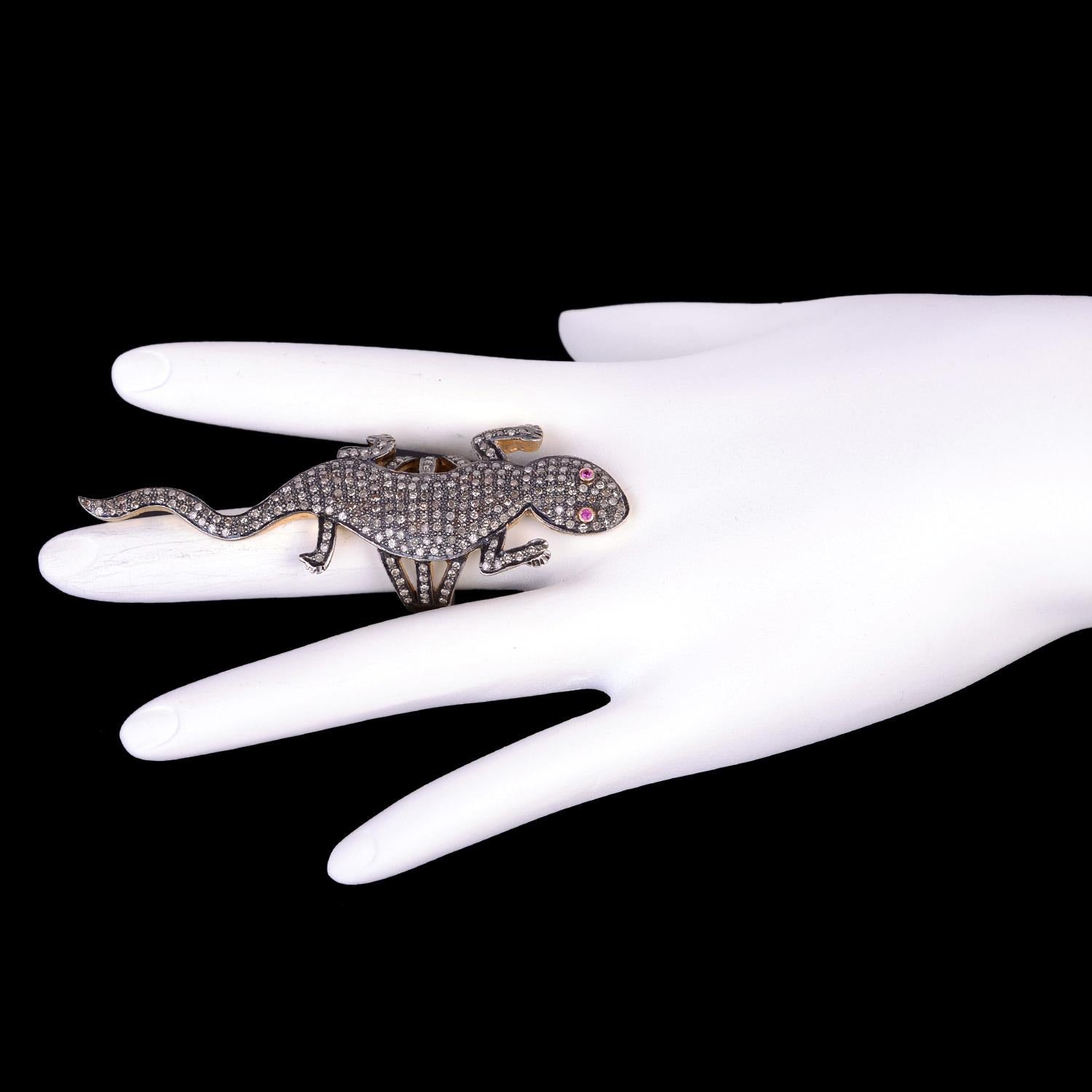 Mixed Cut Lizard Shaped Pave Diamond Ring With Ruby Eyes Made In 14k Yellow Gold & Silver For Sale